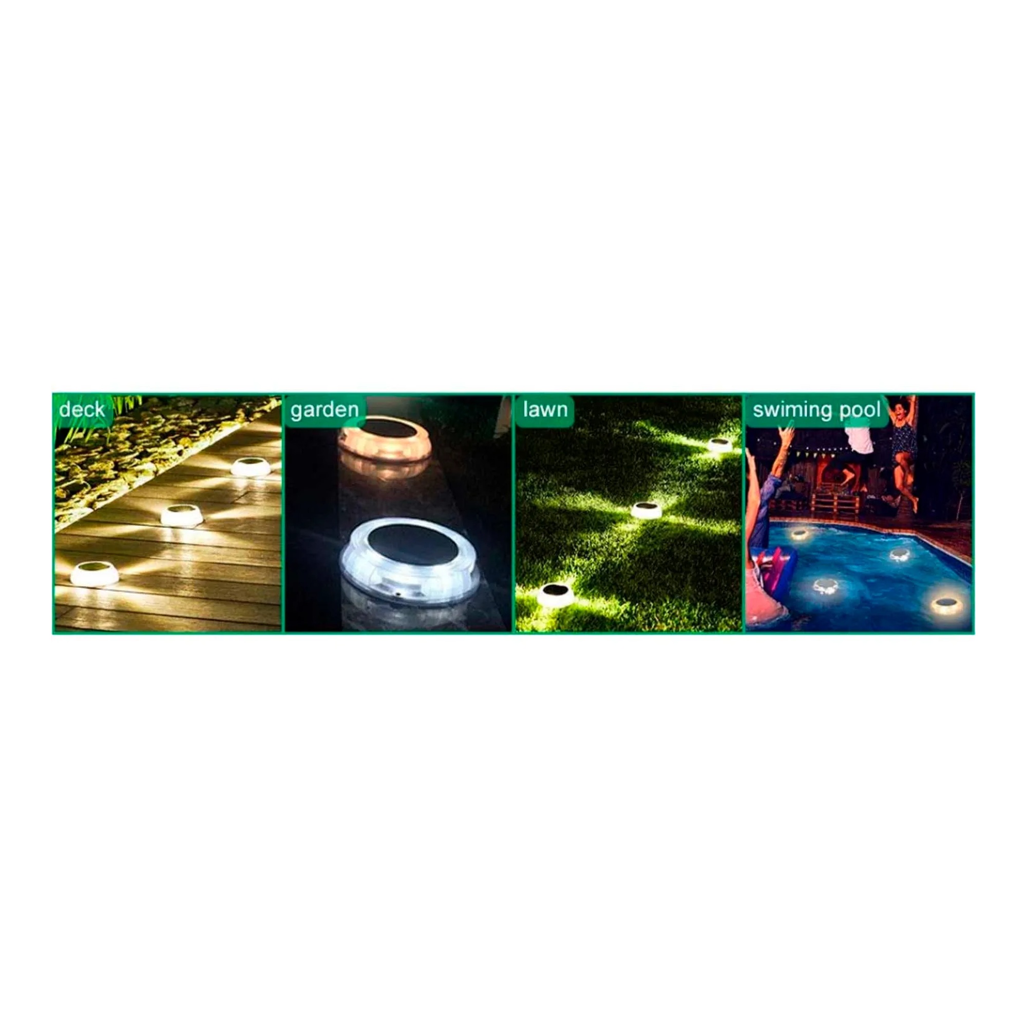 Four solar dusk-to-dawn LED garden lights with white, purple, blue, and green illumination