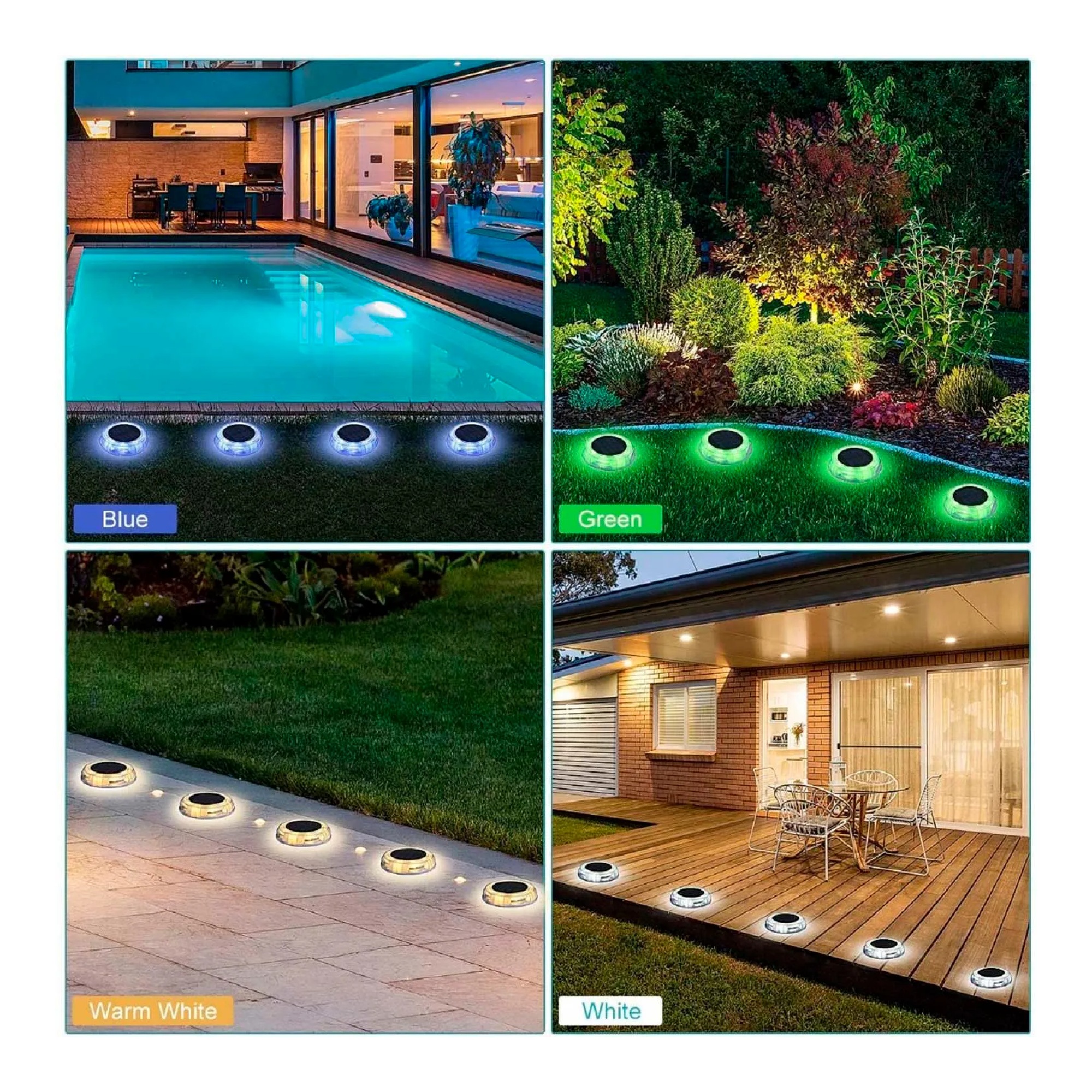 Four solar dusk-to-dawn LED garden lights with white, purple, blue, and green illumination