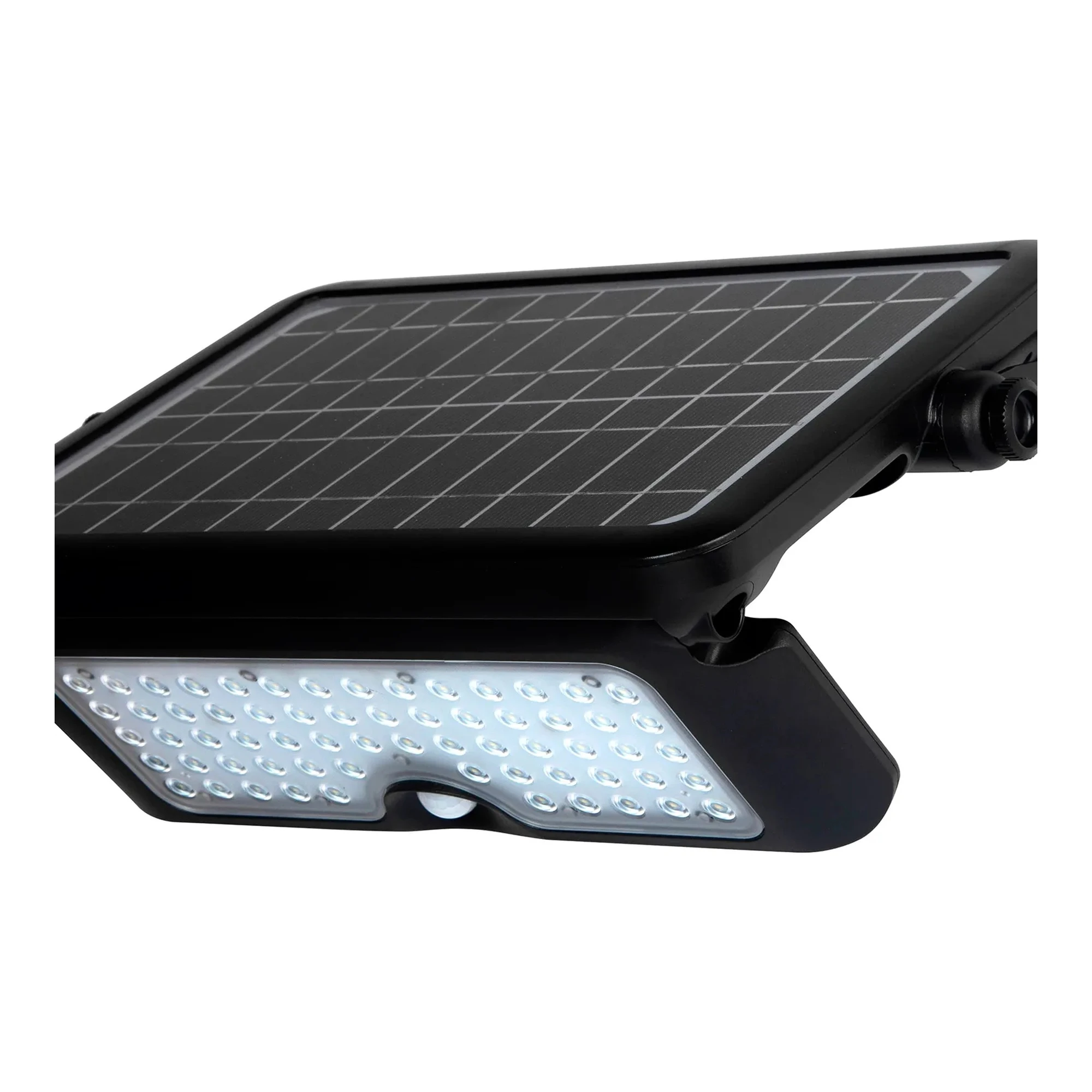 Black solar-powered LED flood light with adjustable mounting bracket
