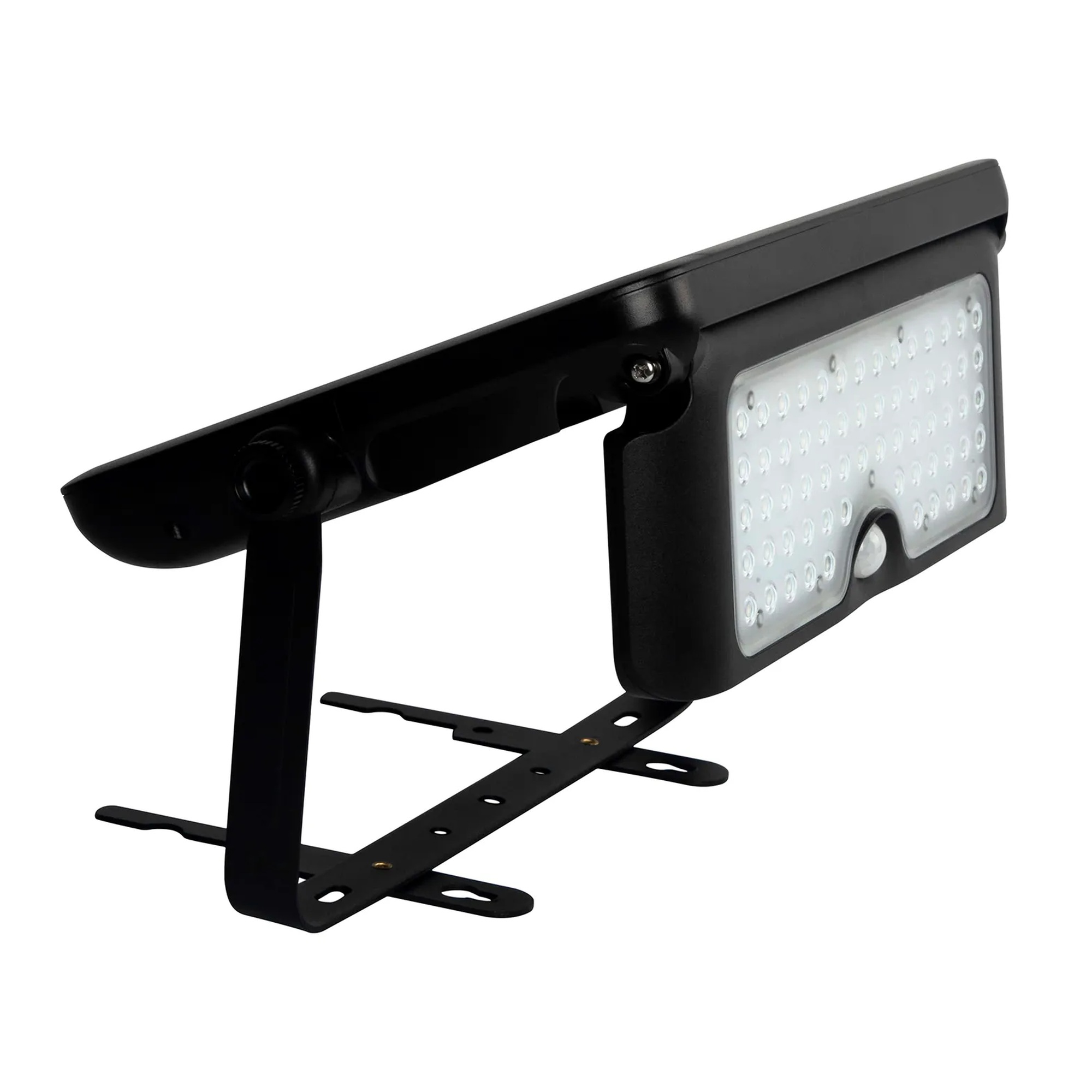 Black solar-powered LED flood light with adjustable mounting bracket