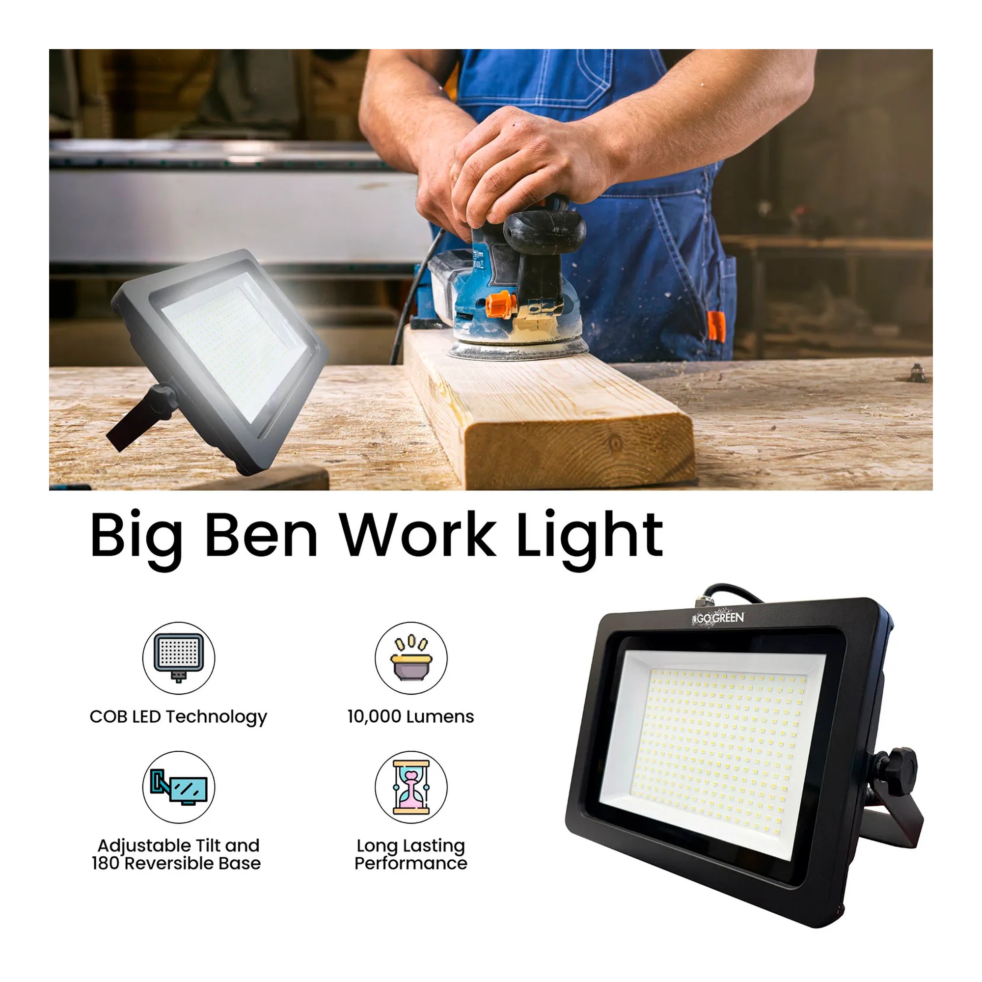 Black 10,000-lumen COB LED work light with adjustable base