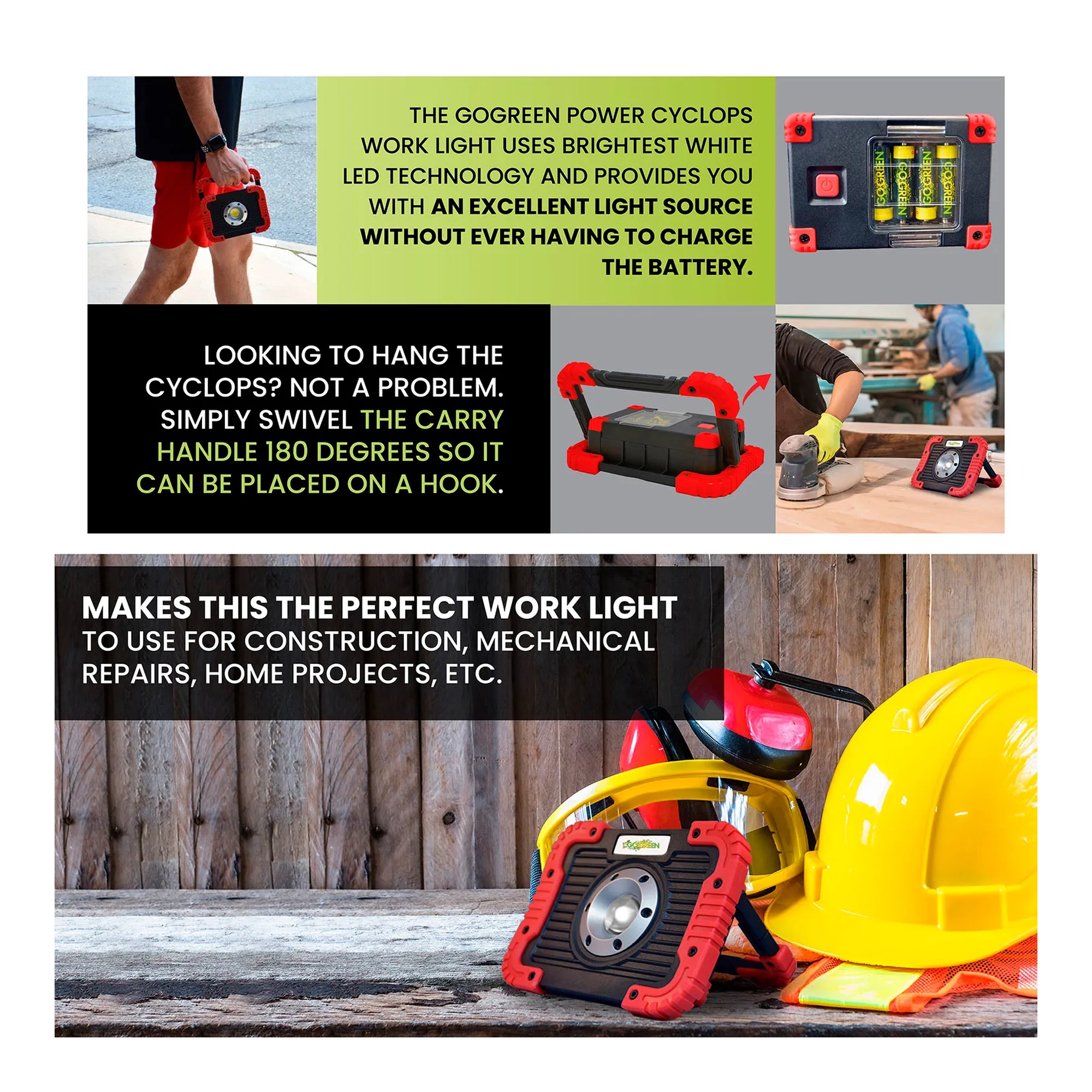 Red and black 1200-lumen LED work light with swivel carrying handle