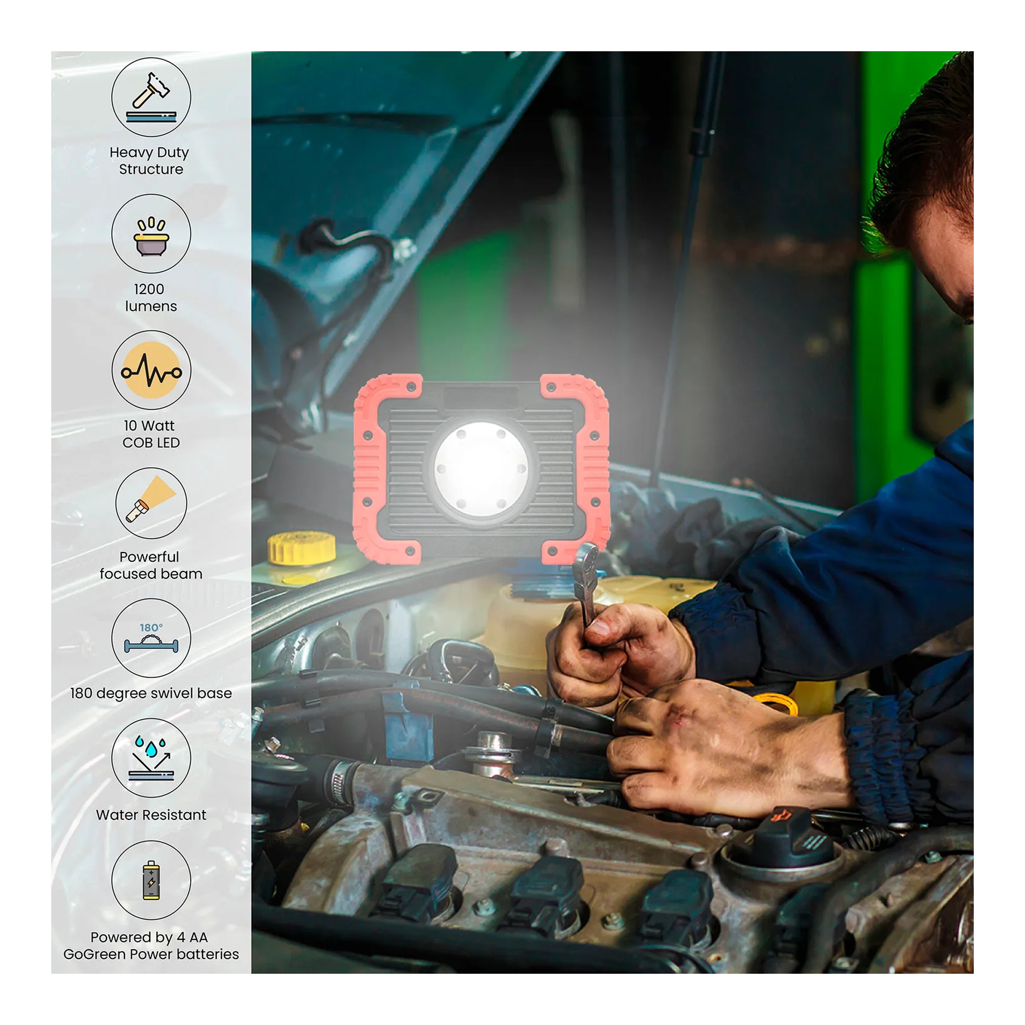 Red and black 1200-lumen LED work light with swivel carrying handle