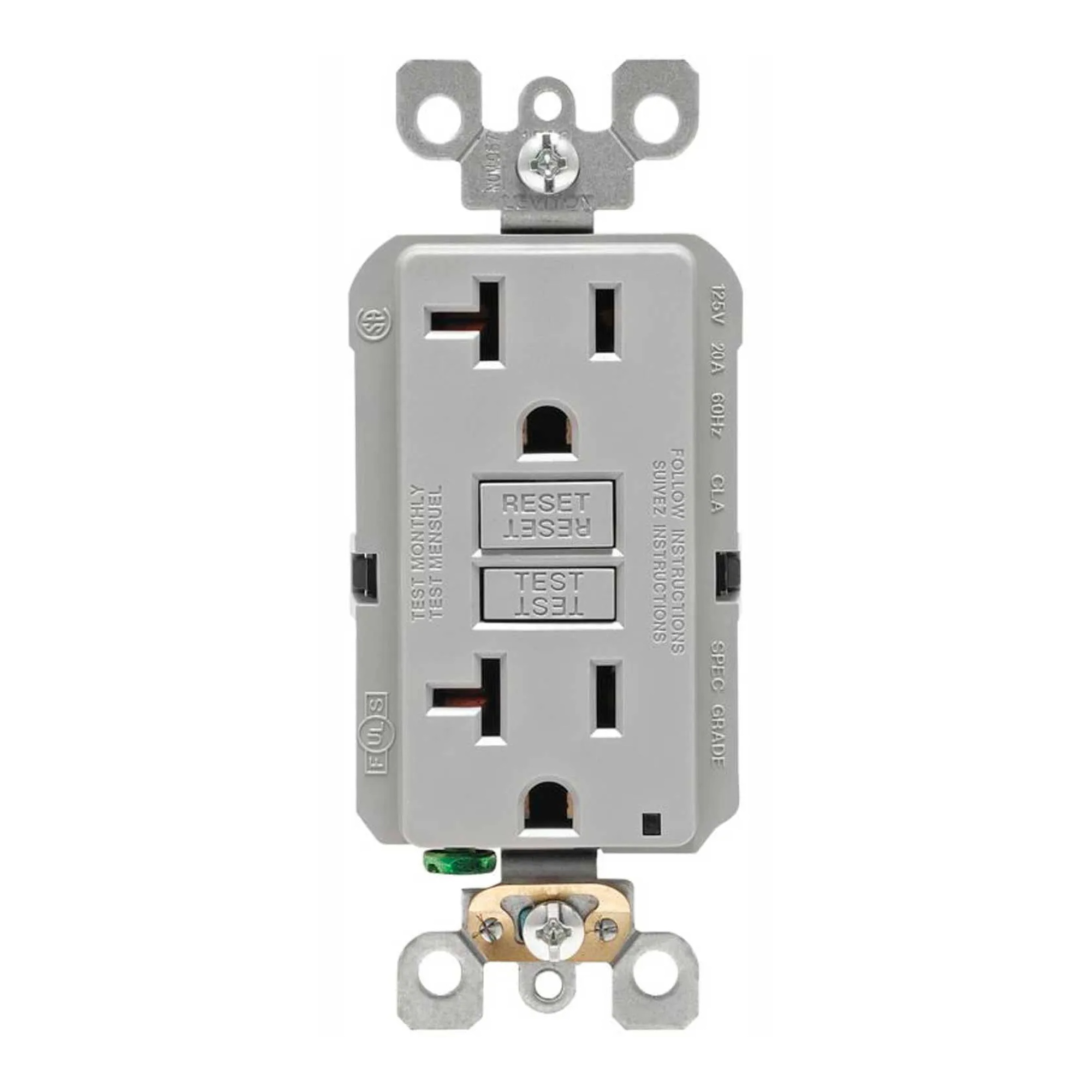 20A Self-Test GFCI Duplex Receptacle with Indicator Light, Gray