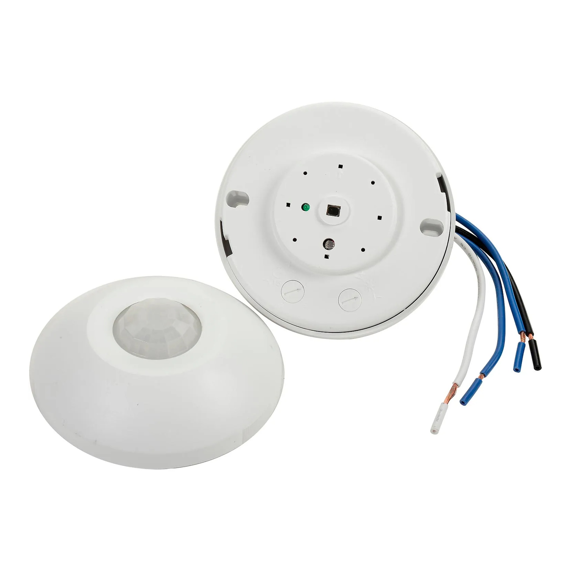 White ceiling-mount occupancy sensor with integrated switching relay