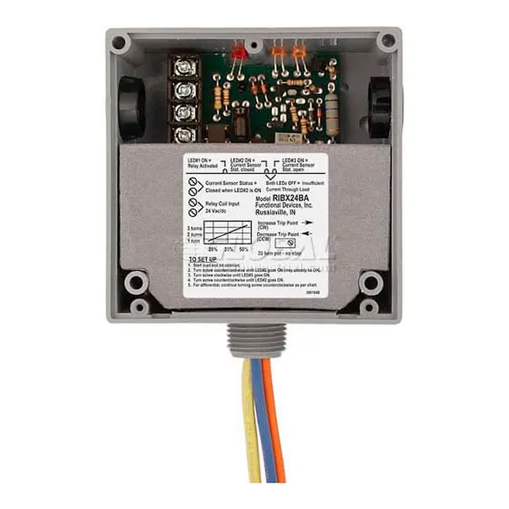 Enclosed Adjustable AC Current Sensor Relay, 20A SPDT, 24VAC/DC