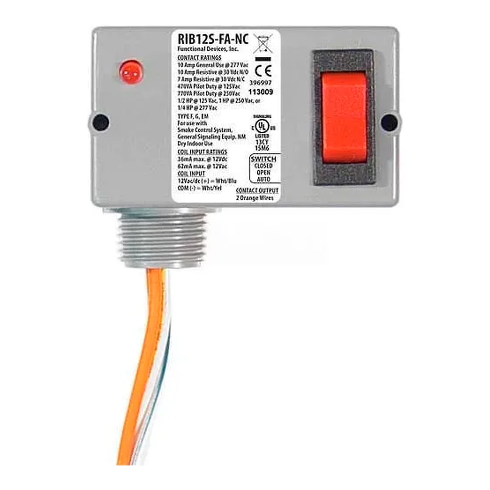 Enclosed Polarized SPST Relay with Override Switch, 12 VAC/VDC, Normally Closed