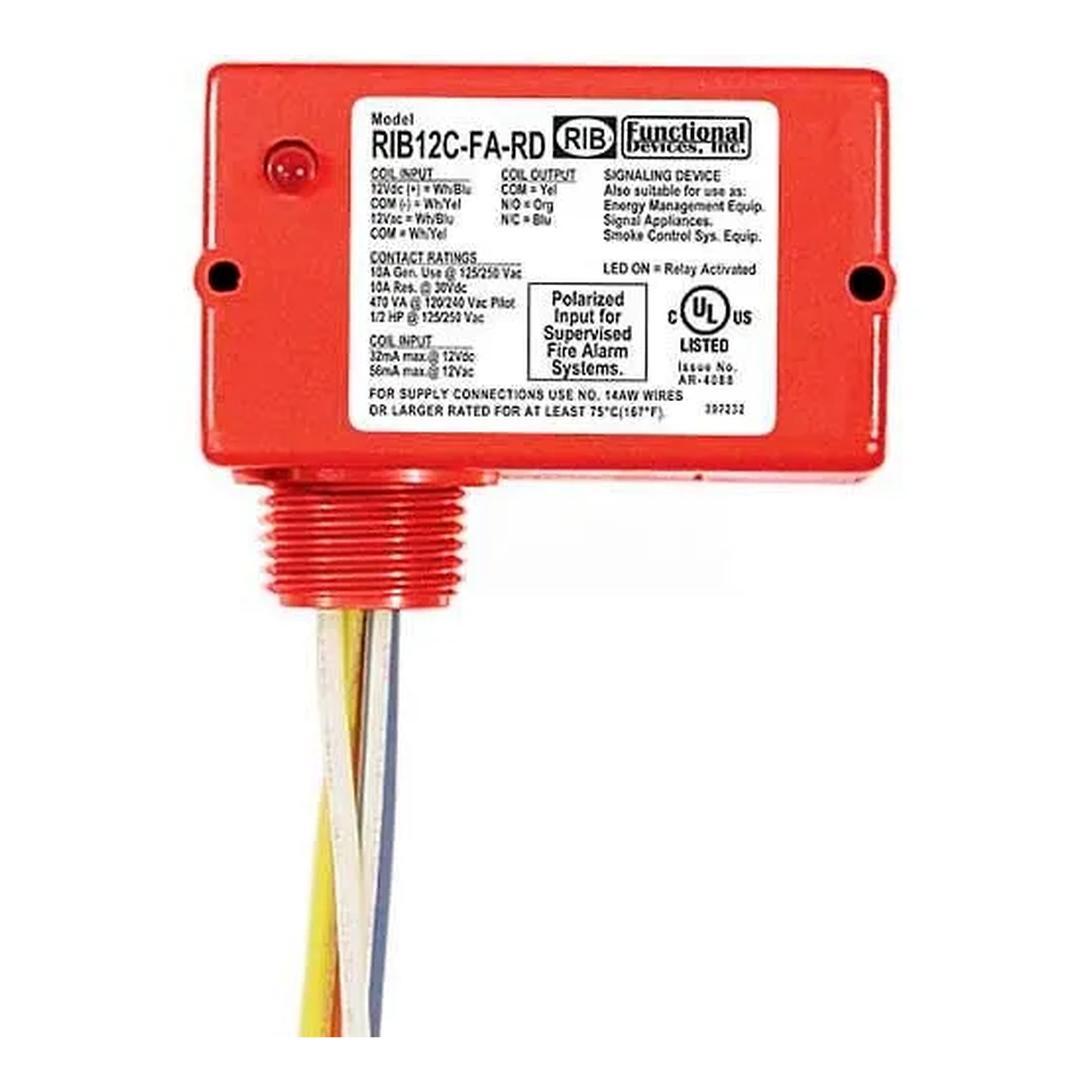 Enclosed Polarized Fire Alarm Relay, 10A SPDT, 12VAC/VDC
