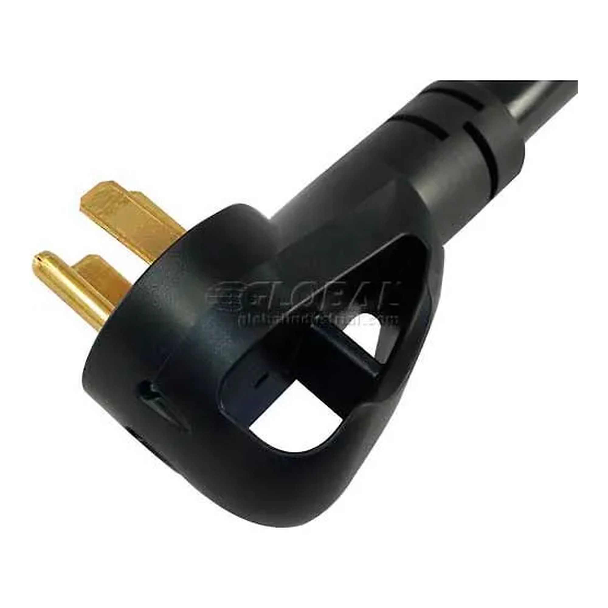 Black 30-foot 50-amp RV extension cord with NEMA 14-50 plug and receptacle