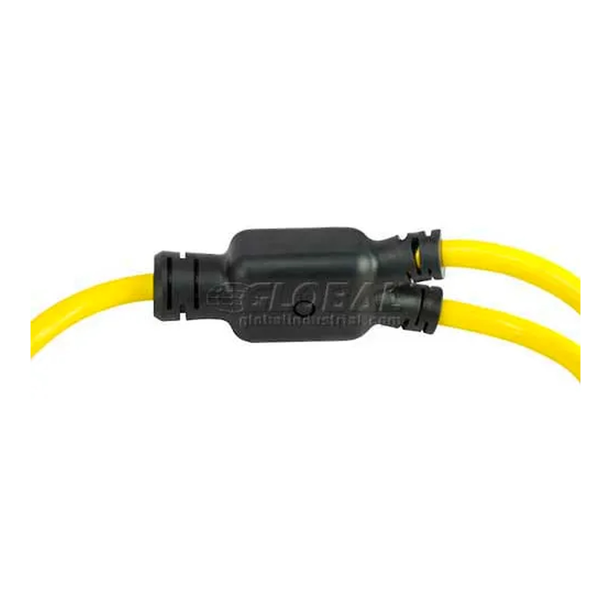 Yellow 3-foot 20A generator Y adapter with one locking plug and two locking connectors