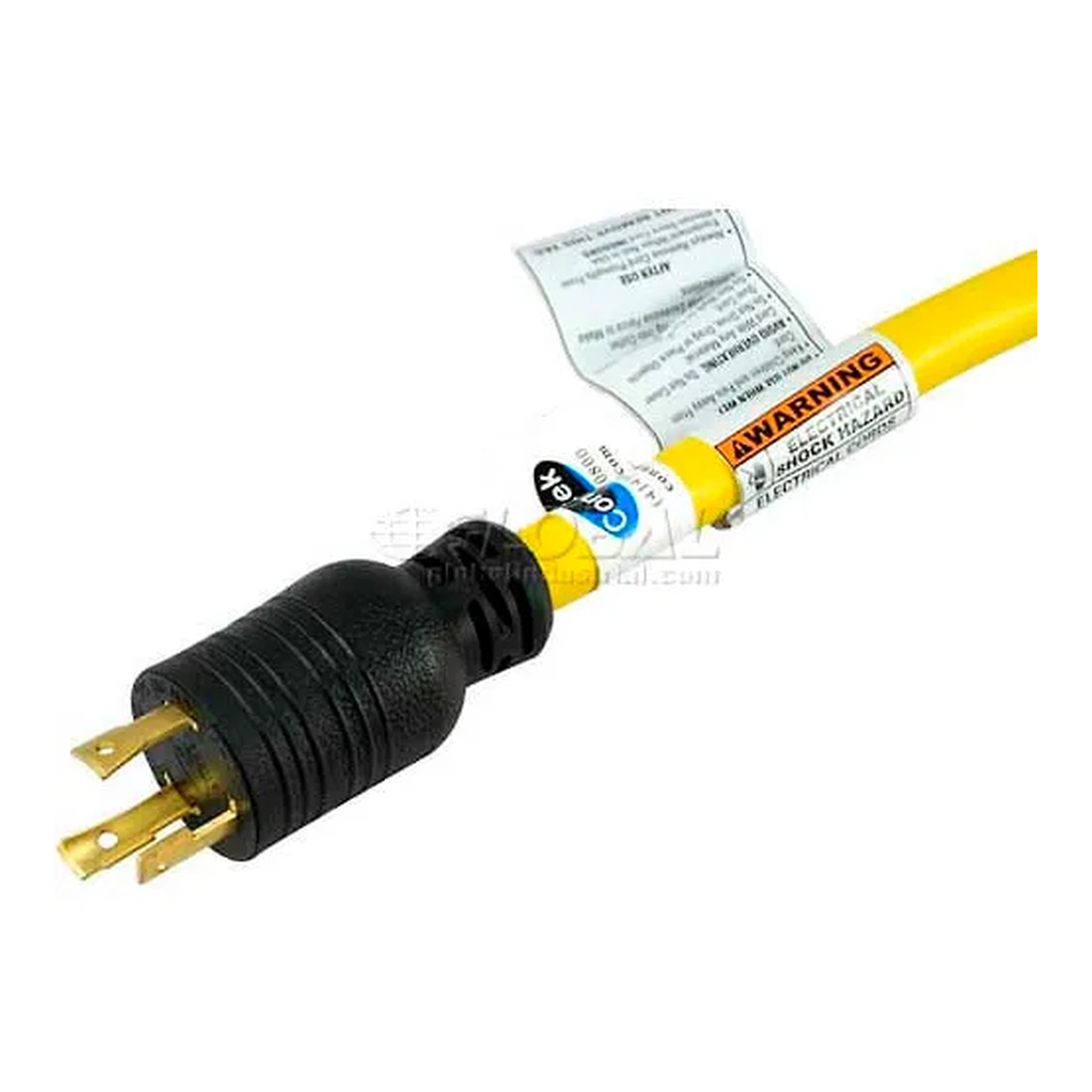 Yellow 3-foot 20A generator Y adapter with one locking plug and two locking connectors