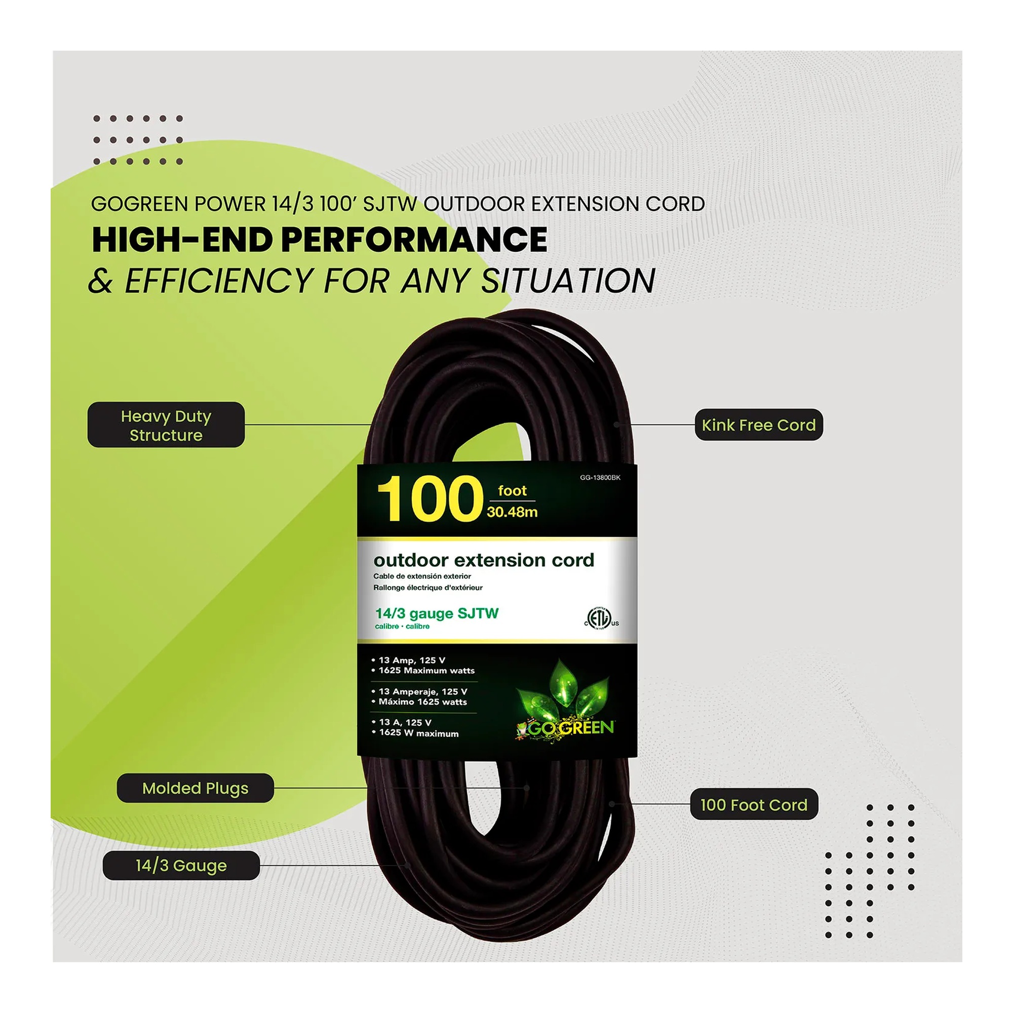 Black 100-foot 14/3 SJTW-A extension cord