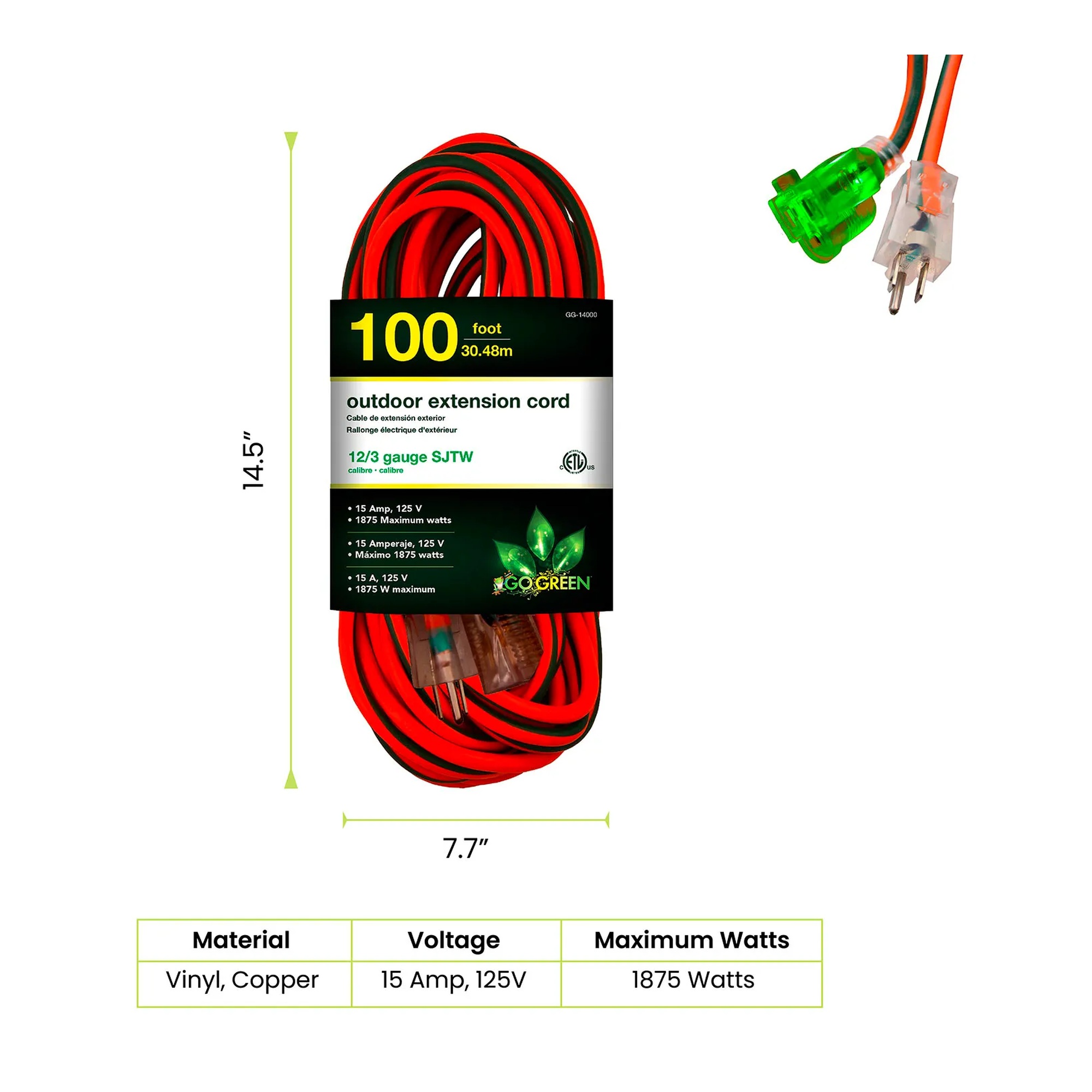 Orange 100-foot 12/3 SJTW-A extension cord with green lighted plug ends