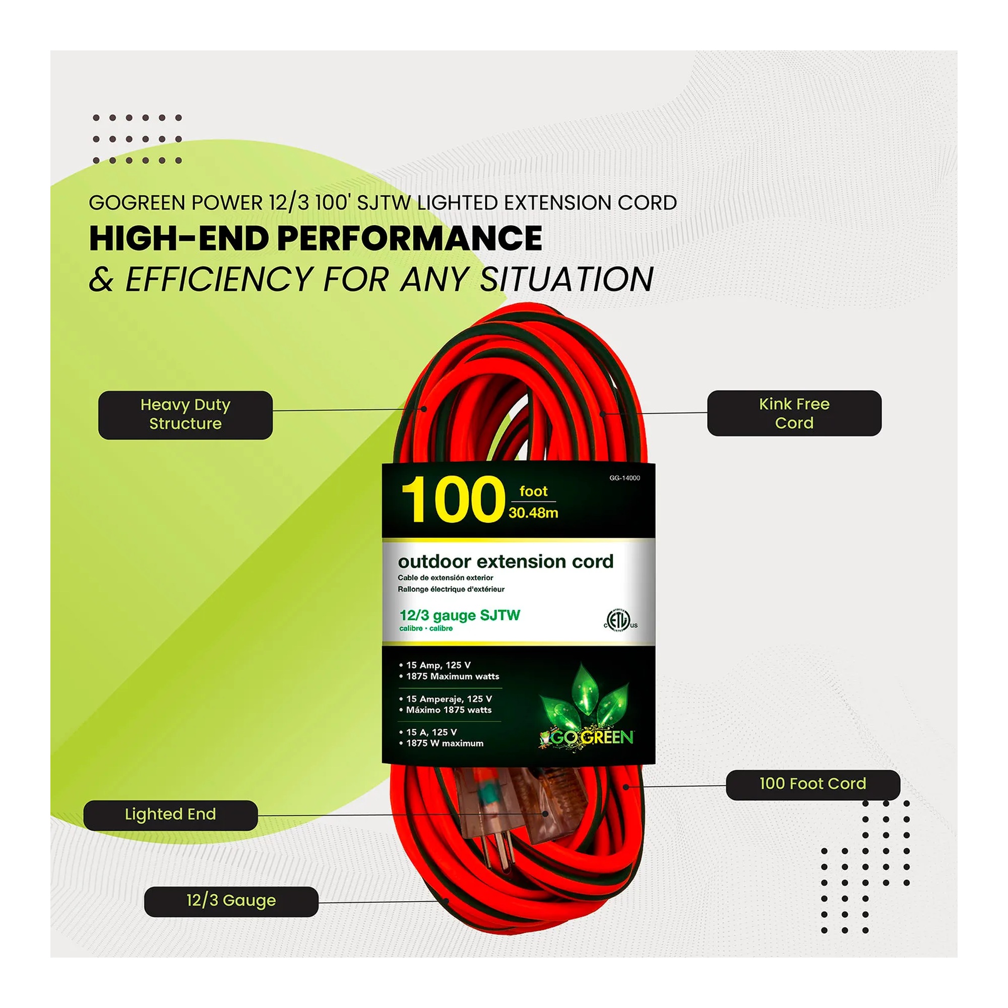 Orange 100-foot 12/3 SJTW-A extension cord with green lighted plug ends