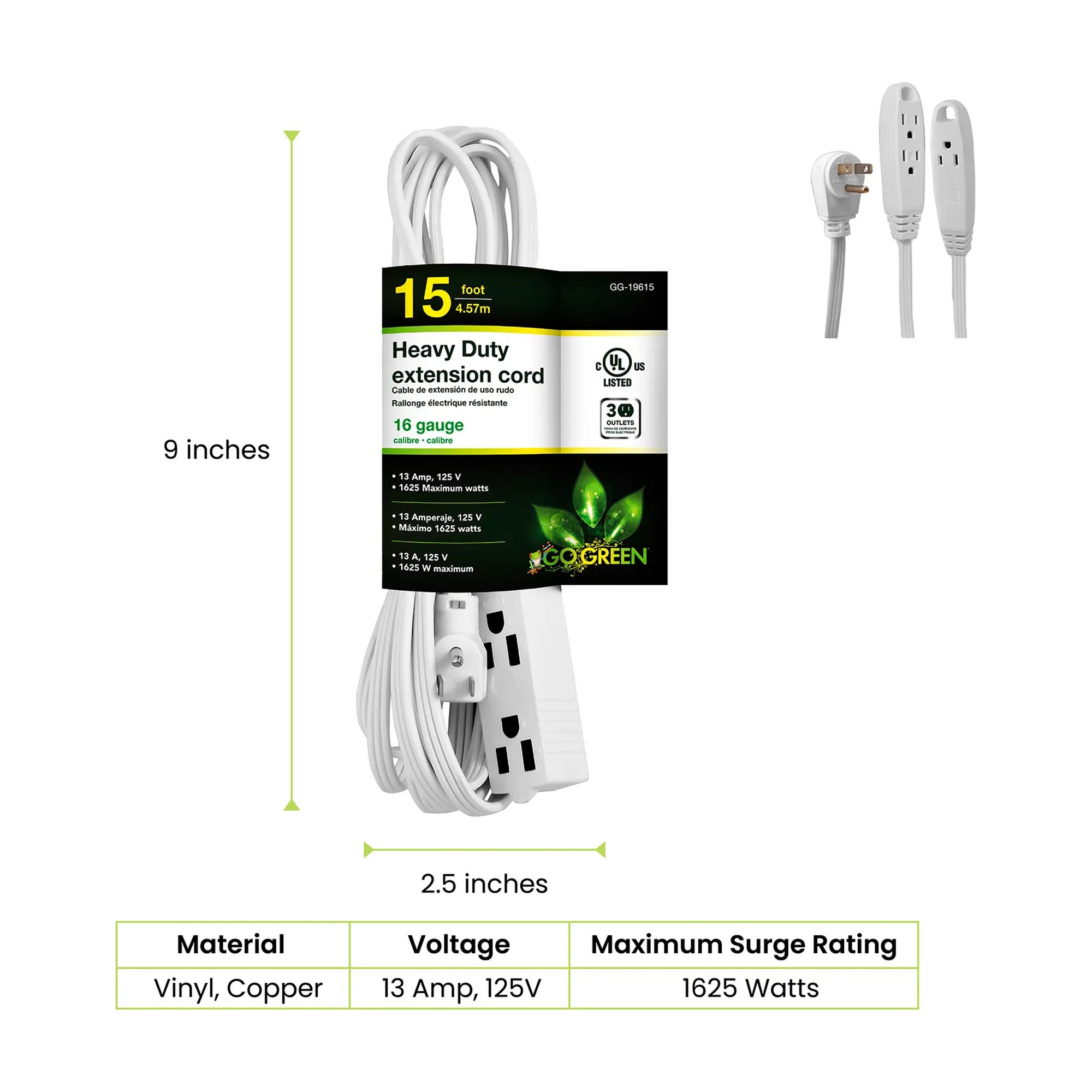 White 15 ft. three-outlet extension cord with right-angle plug