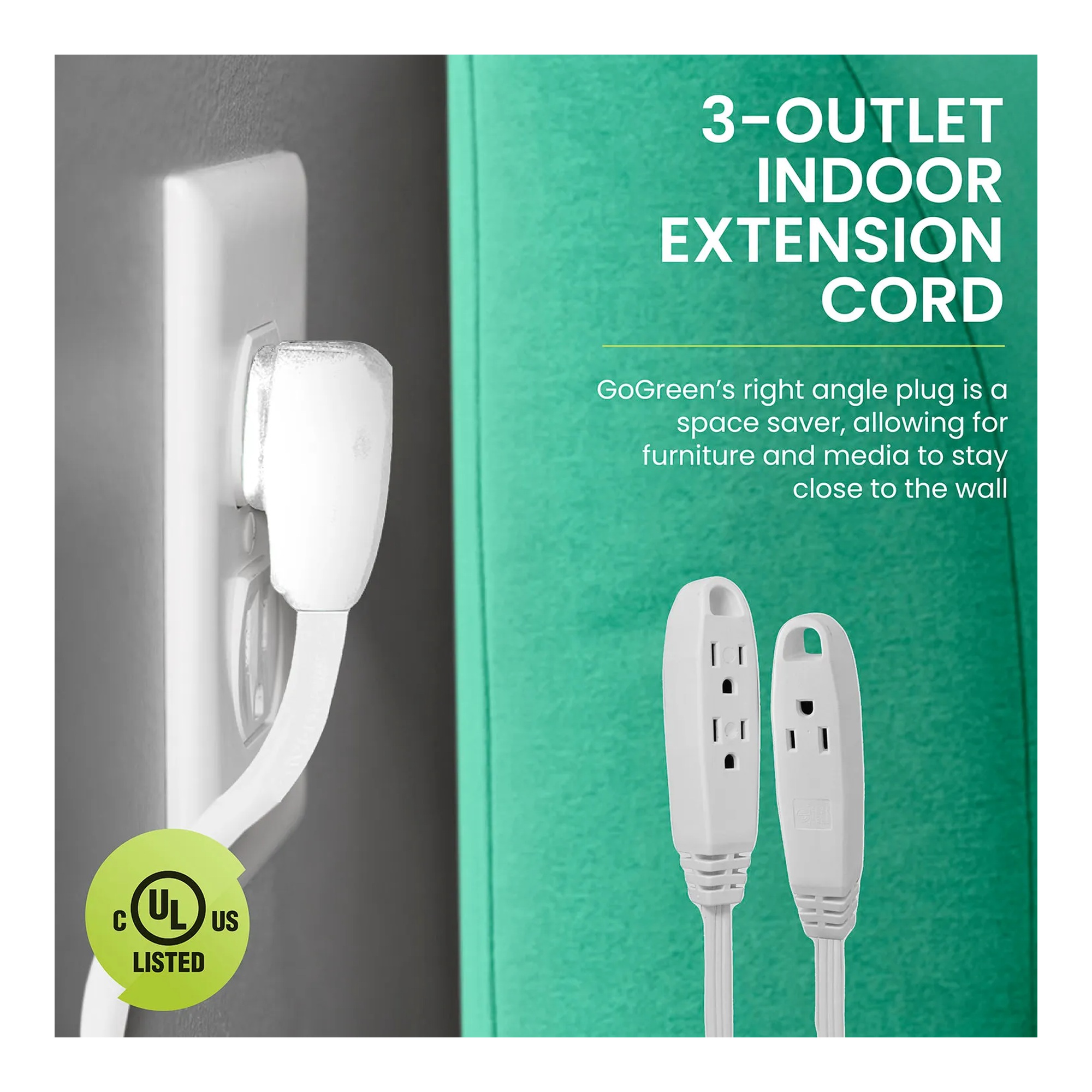 White 15 ft. three-outlet extension cord with right-angle plug