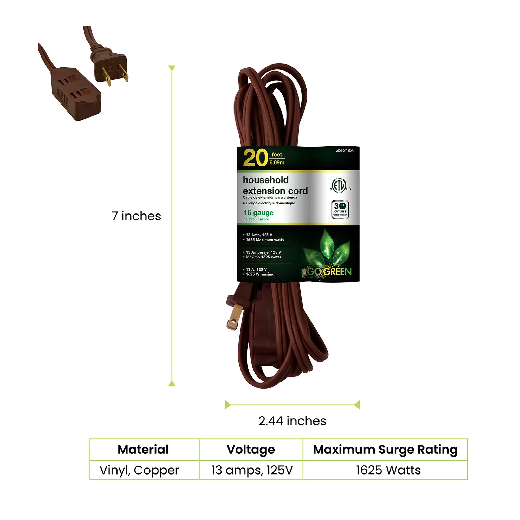 Two-pack of brown 20-foot household extension cords