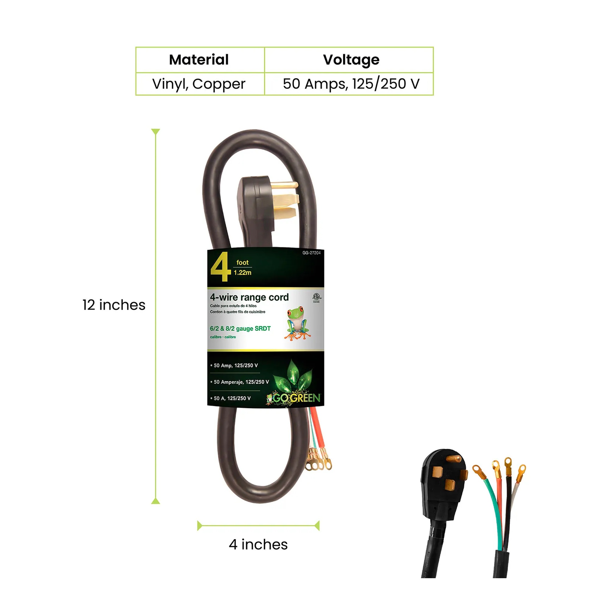 Black 4-foot four-wire range cord with a molded right-angle plug