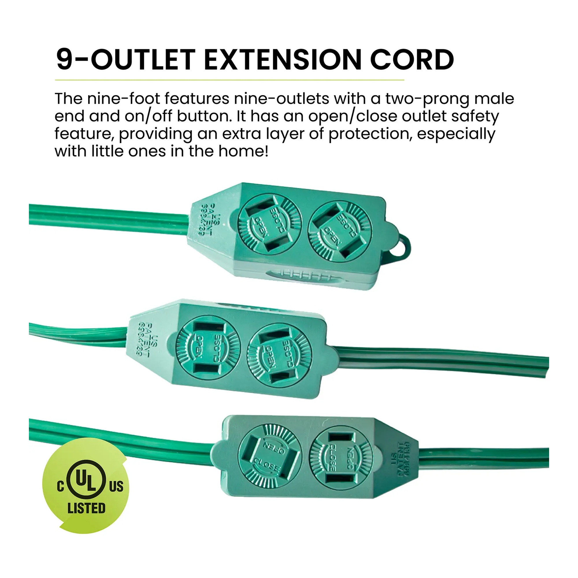Green 9-foot extension cord with nine outlets and an on/off switch