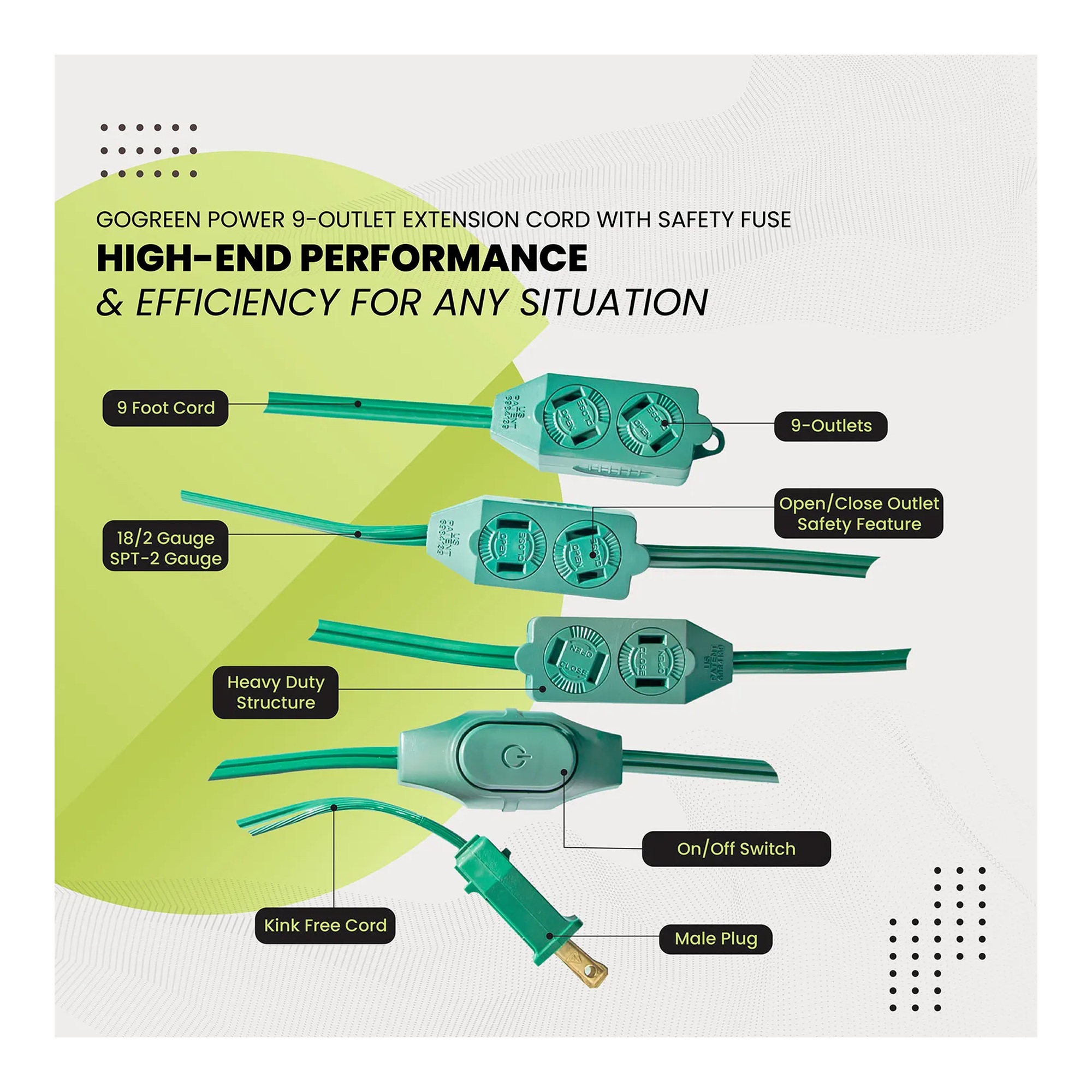 Green 9-foot extension cord with nine outlets and an on/off switch
