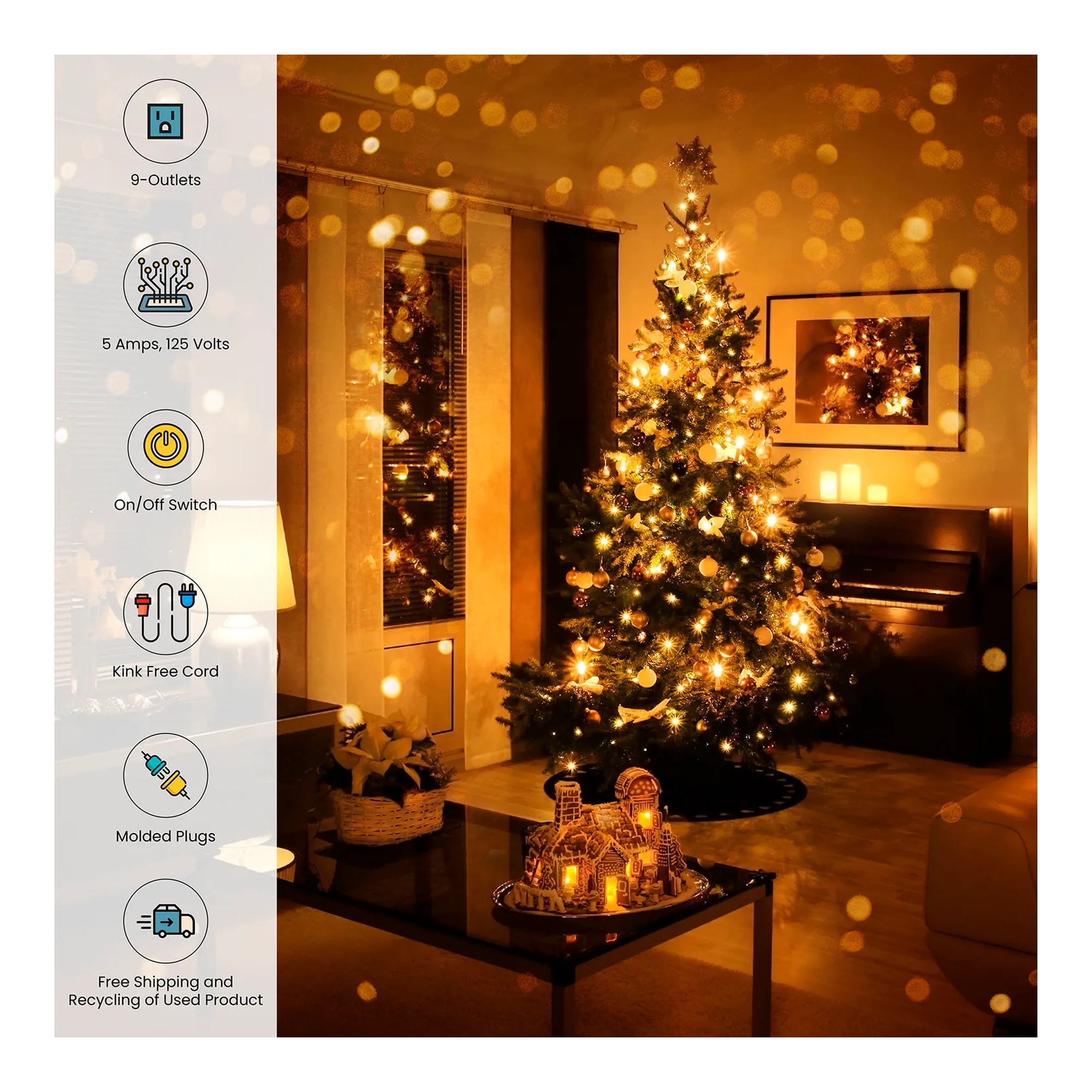 Green 9-foot extension cord with nine outlets and an on/off switch