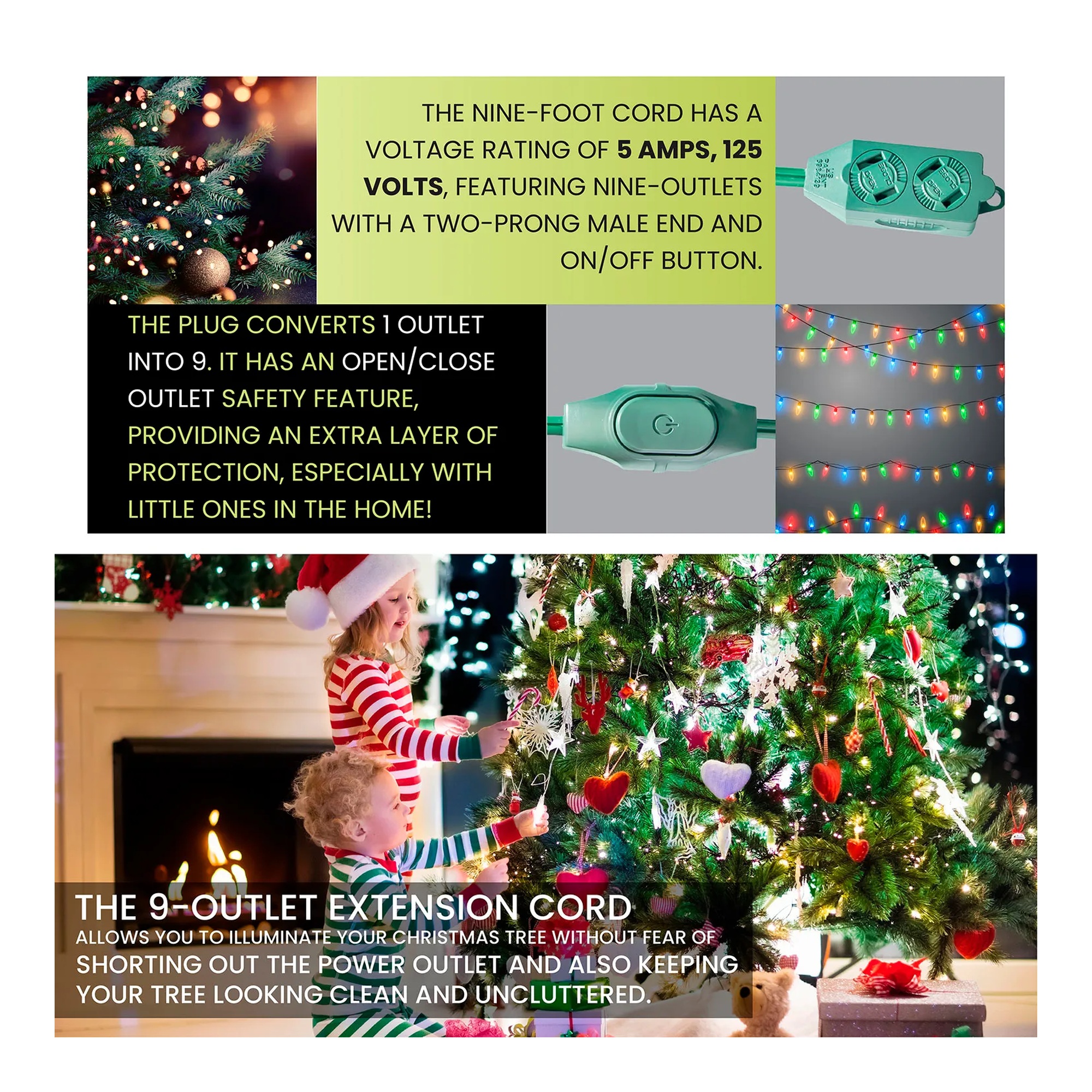 Green 9-foot extension cord with nine outlets and an on/off switch