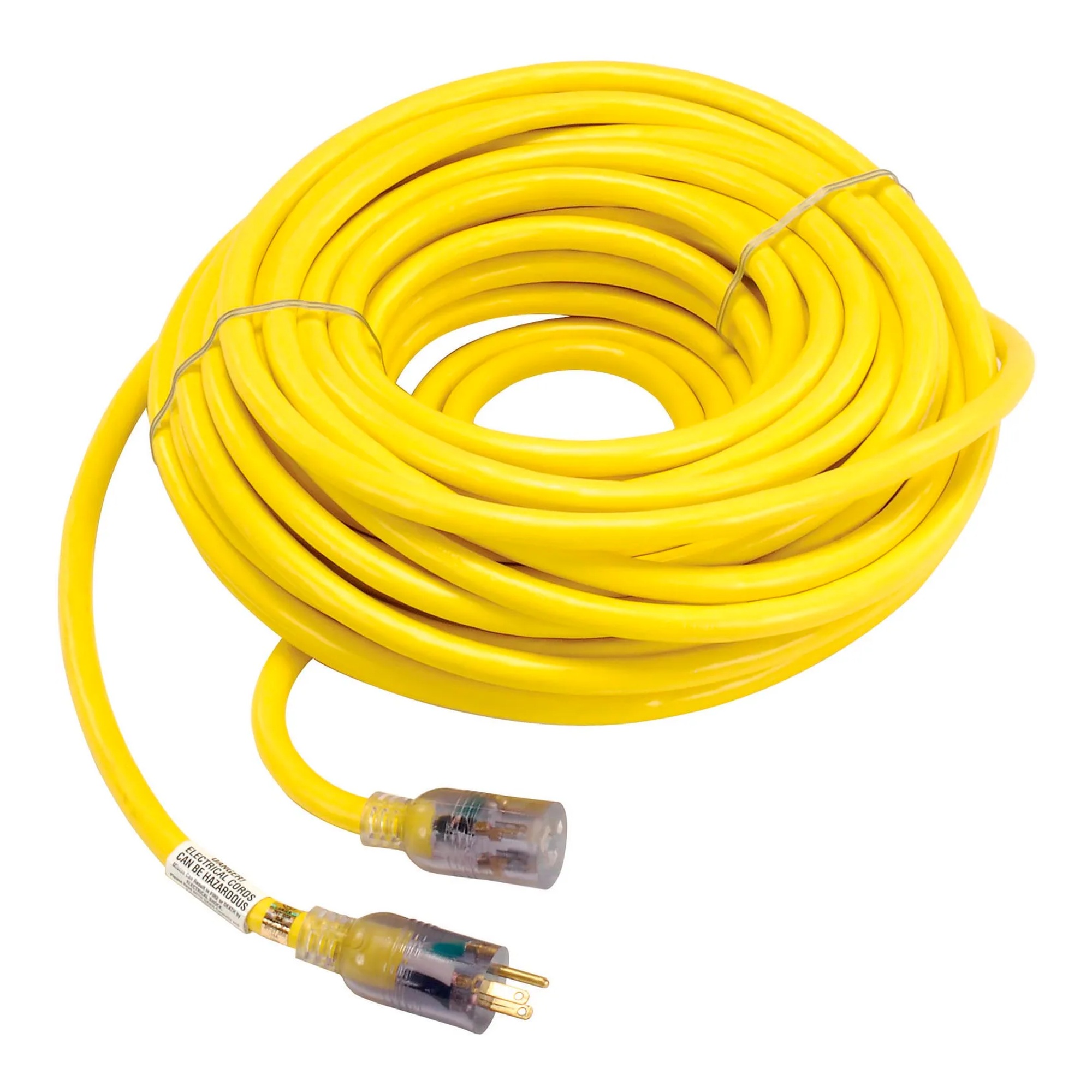 Yellow 100-foot 10/3 gauge single-outlet extension cord with lighted ends