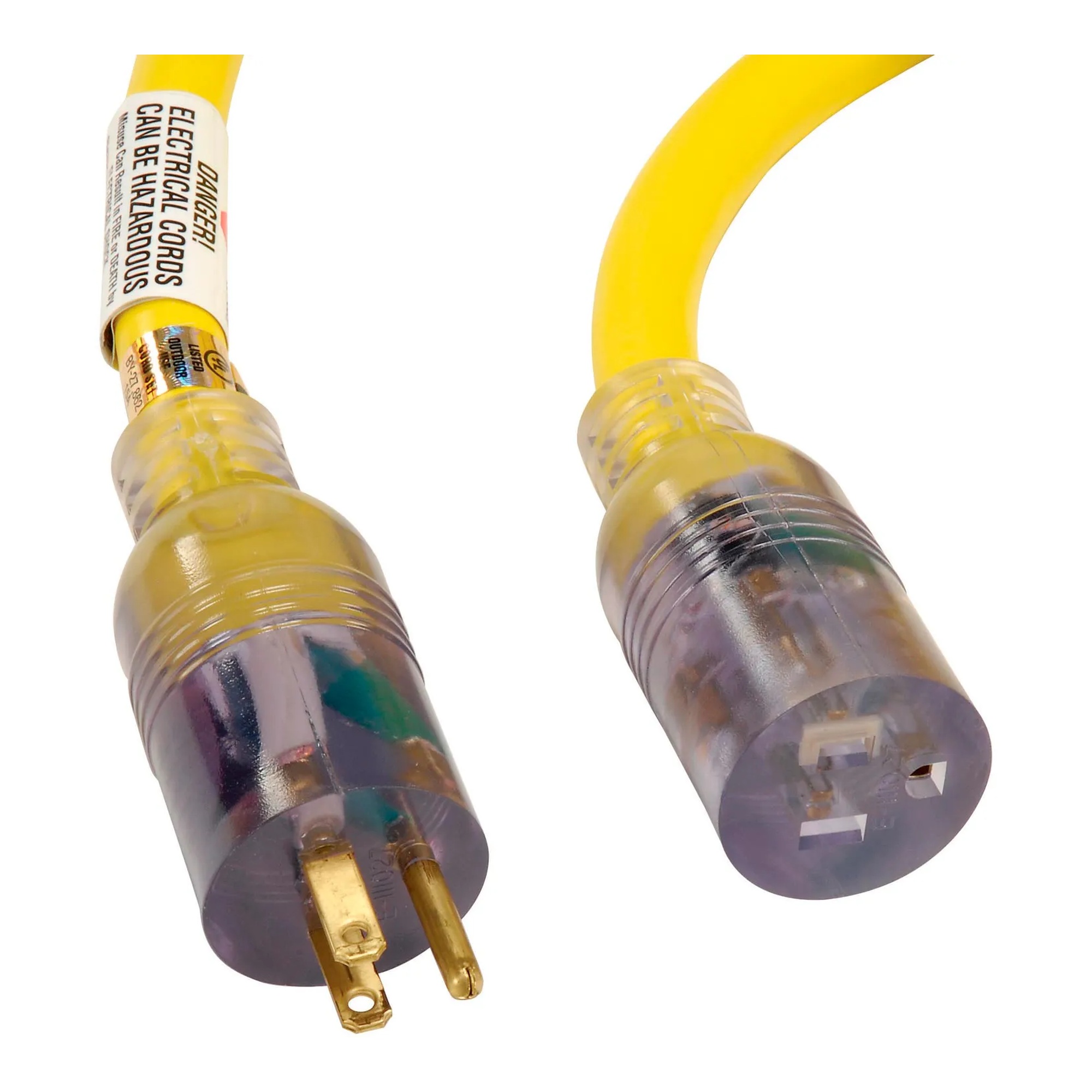 Yellow 100-foot 10/3 gauge single-outlet extension cord with lighted ends