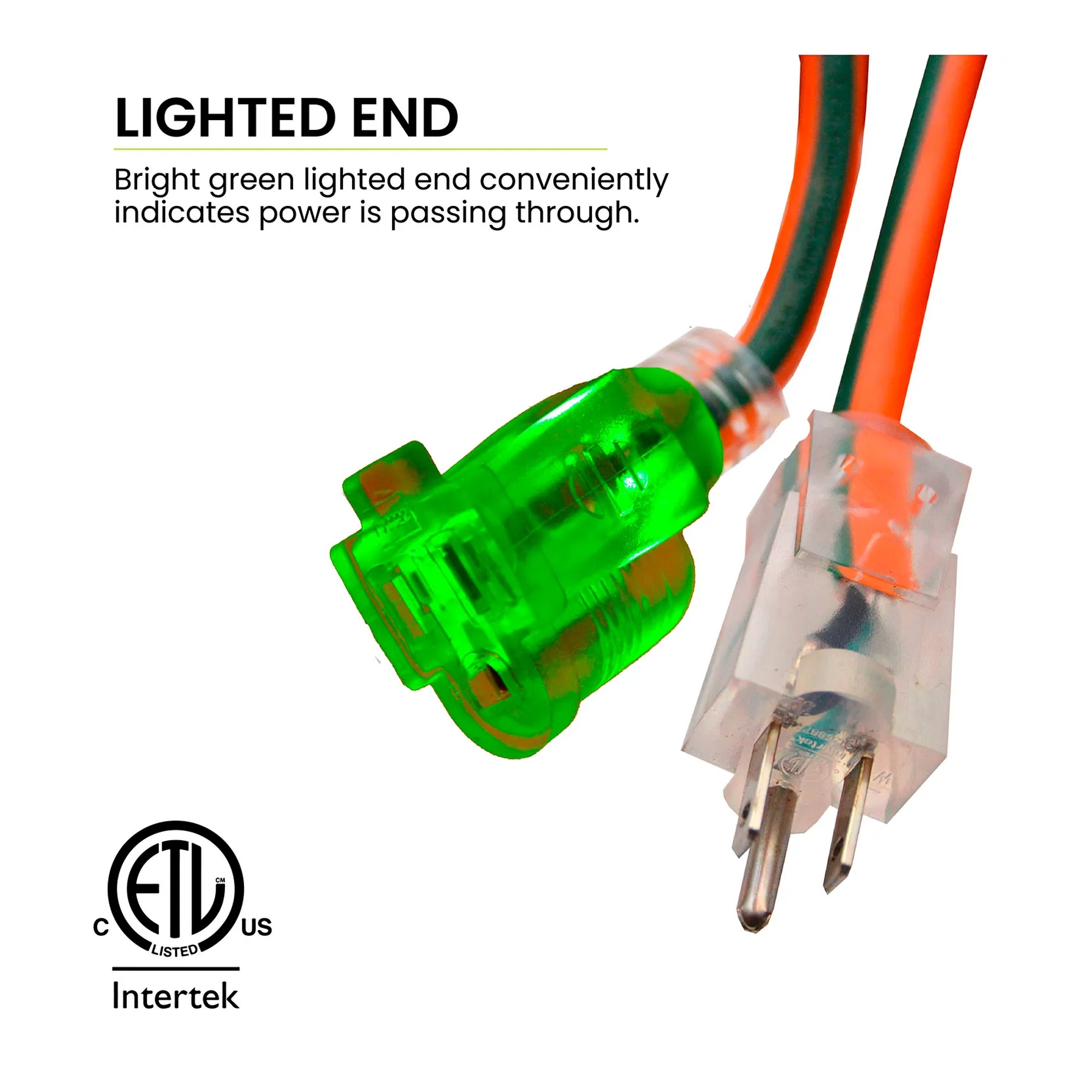 Orange 25-foot extension cord with green lighted end plugs