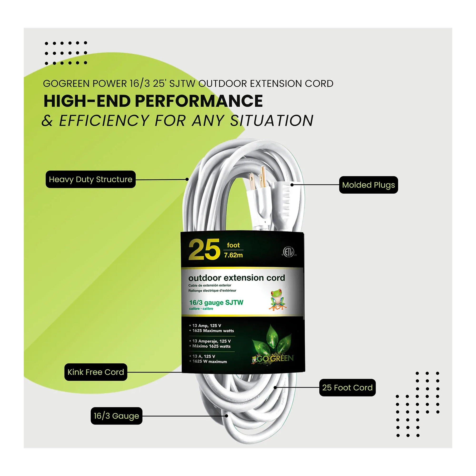 White 25-foot 16/3 SJTW heavy-duty extension cord