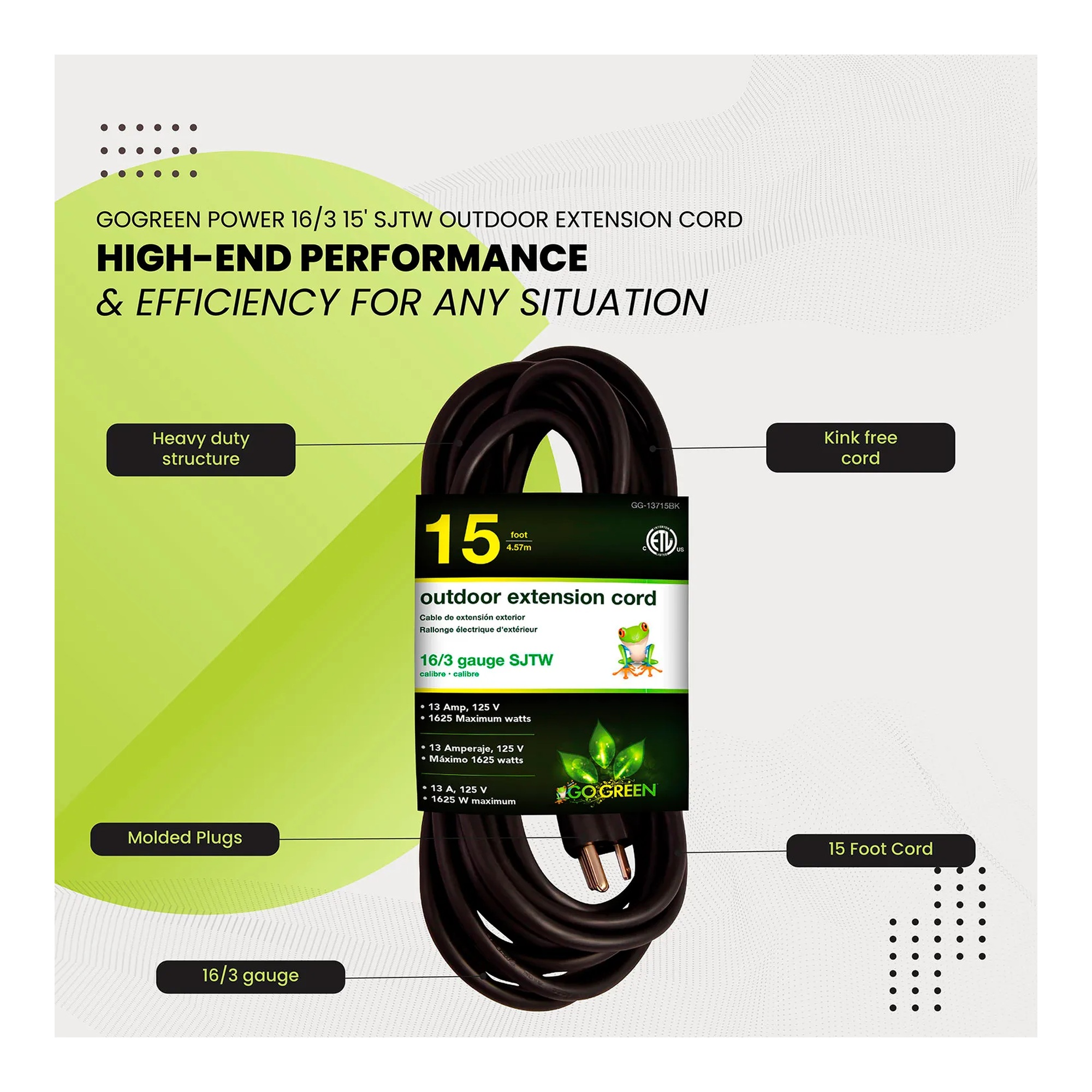 Black 15 ft. 16/3 SJTW heavy-duty extension cord with molded plugs