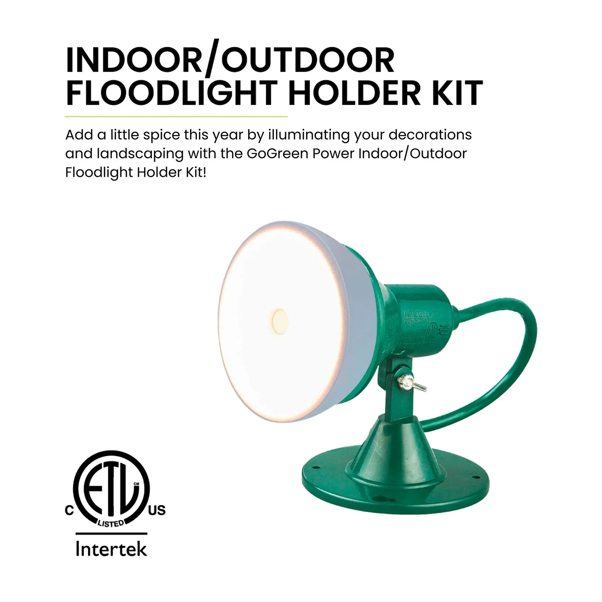 Green indoor/outdoor adjustable floodlight holder kit with closed lens housing