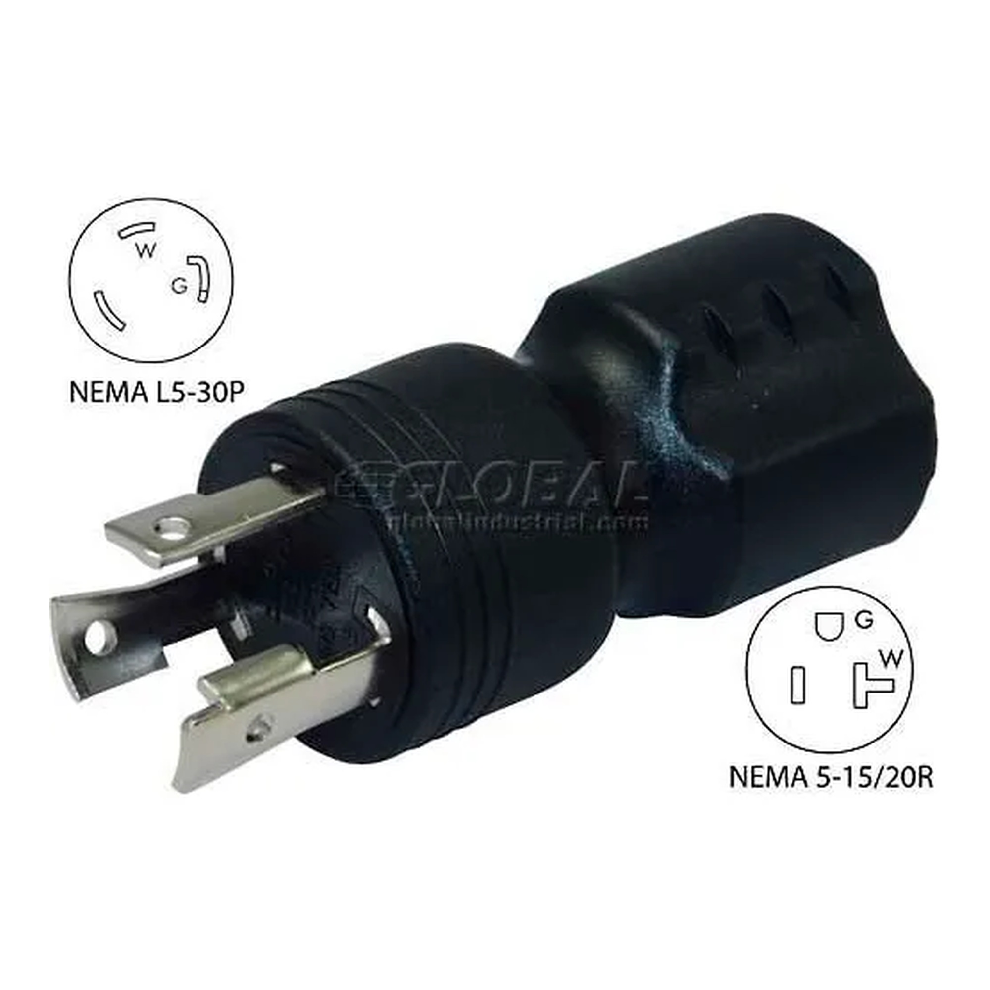 Black 30A generator locking adapter with NEMA L5-30P plug and 5-15/20R receptacle