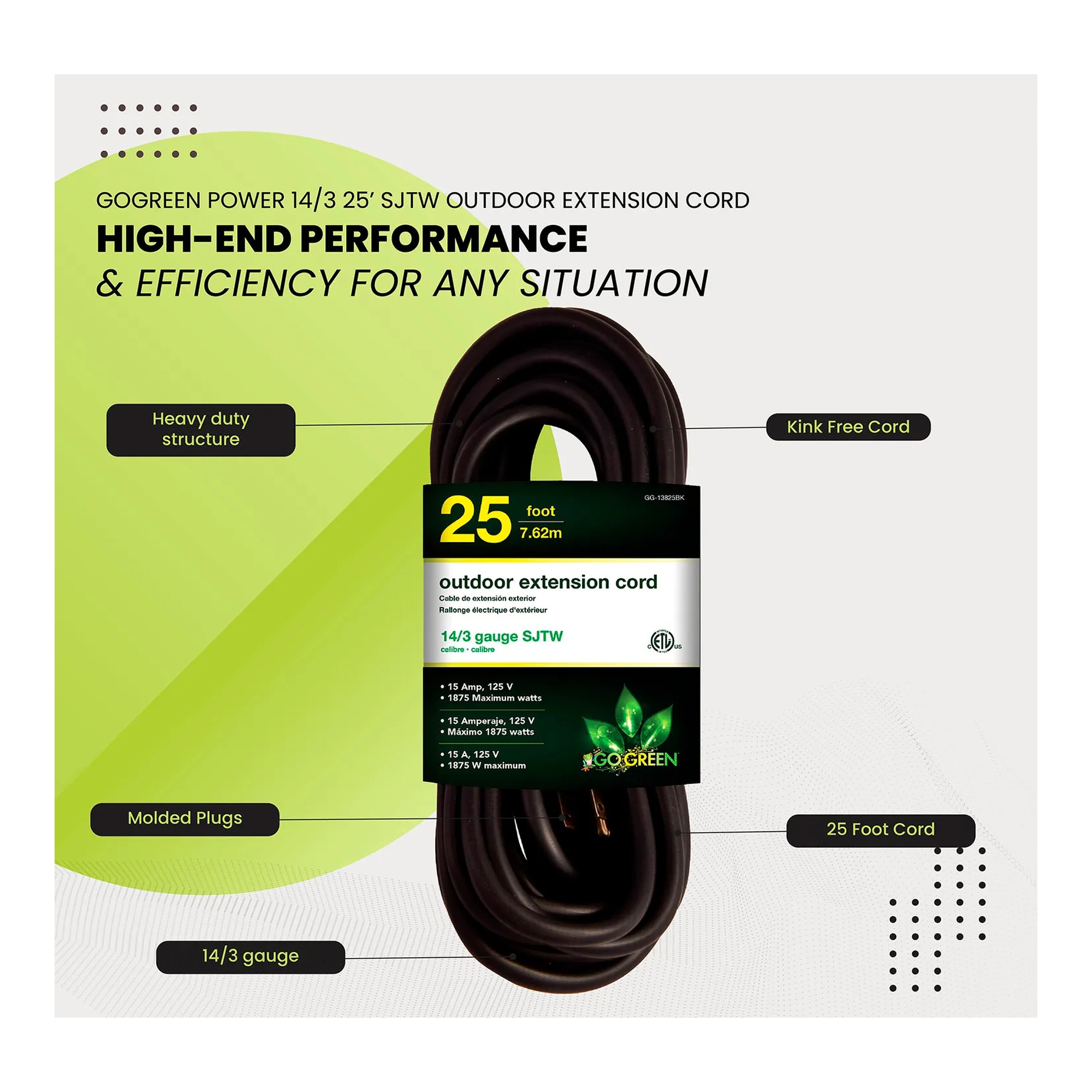 Black 25-foot 14/3 SJTW-A extension cord