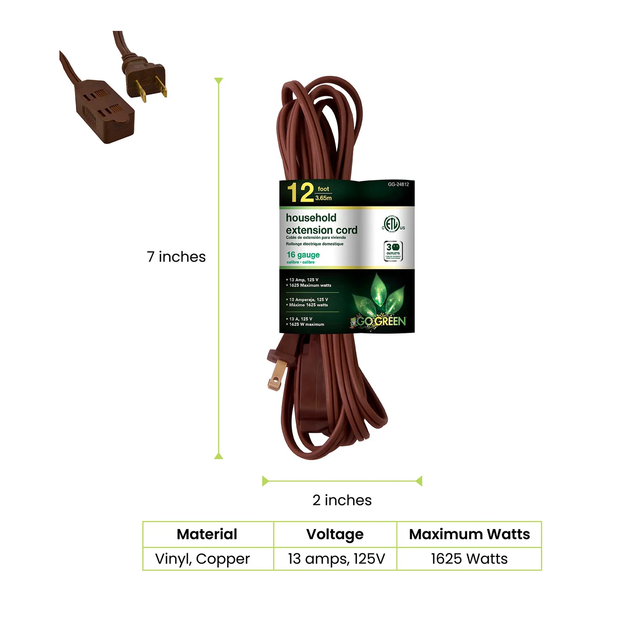 Brown 12-foot household extension cord three-pack