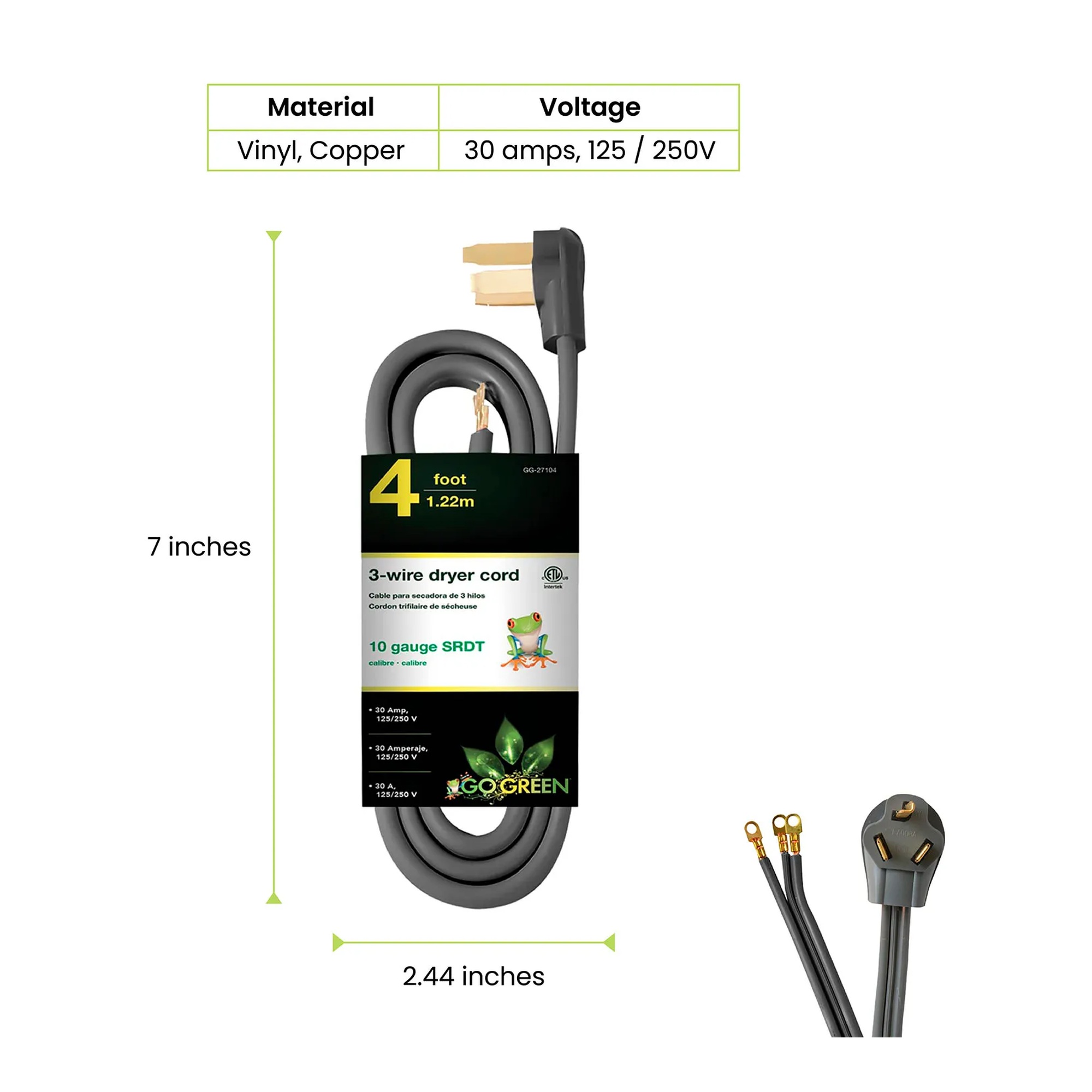 Gray 4-foot 3-wire dryer cord with molded right-angle plug
