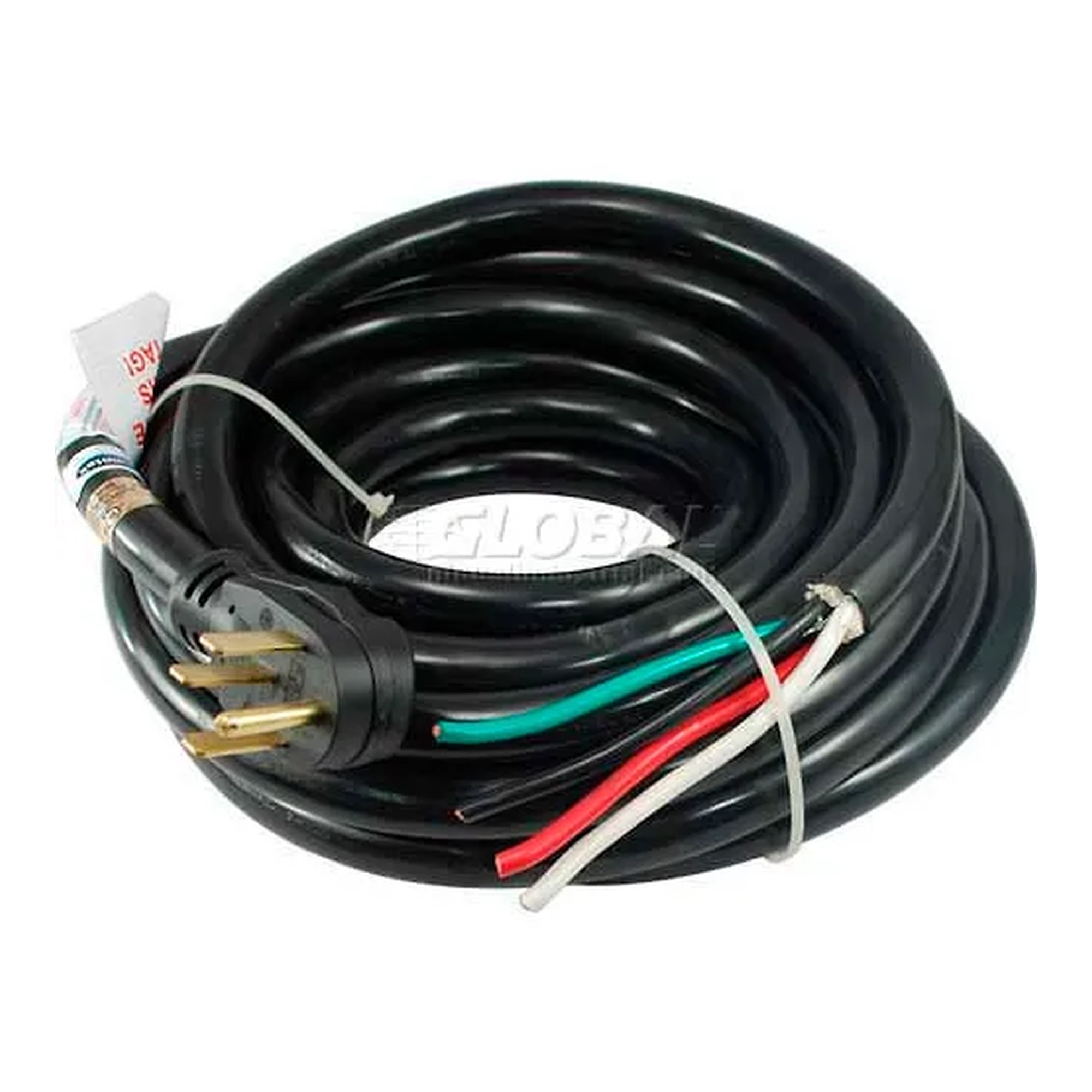 Black 36-foot 50-amp RV camp power cord with NEMA 14-50P male plug and bare-wire end