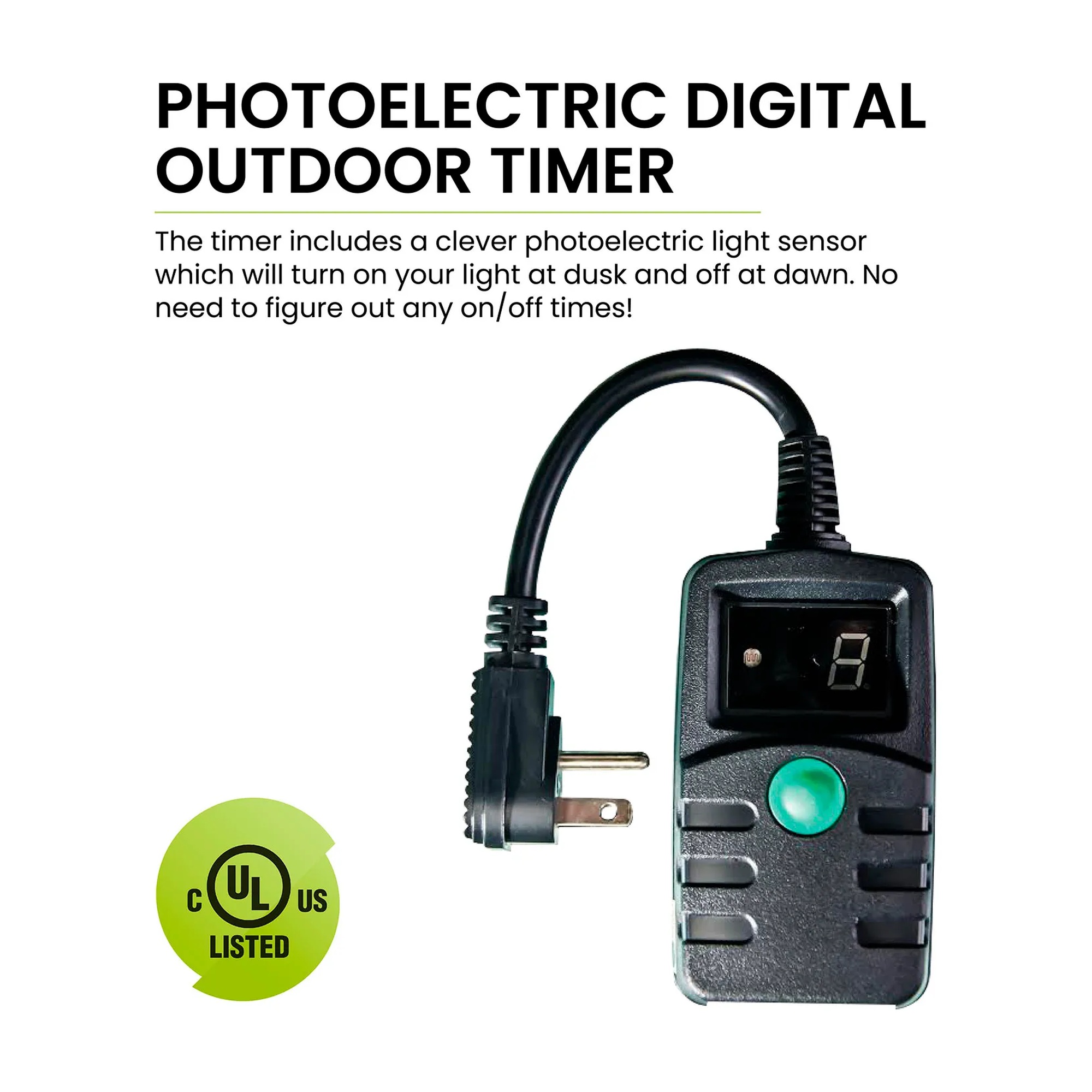 Black digital outdoor light timer with photocell sensor