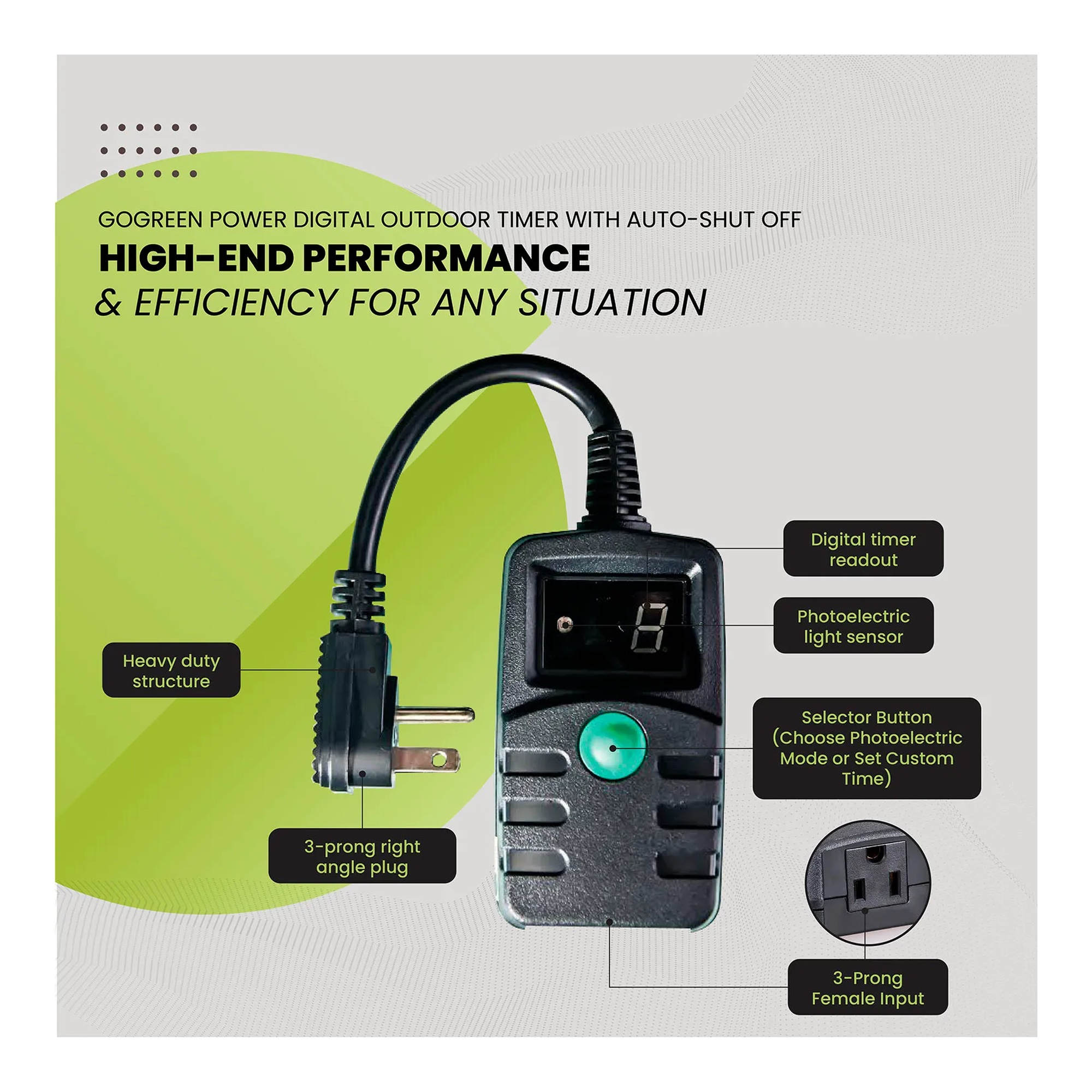 Black digital outdoor light timer with photocell sensor