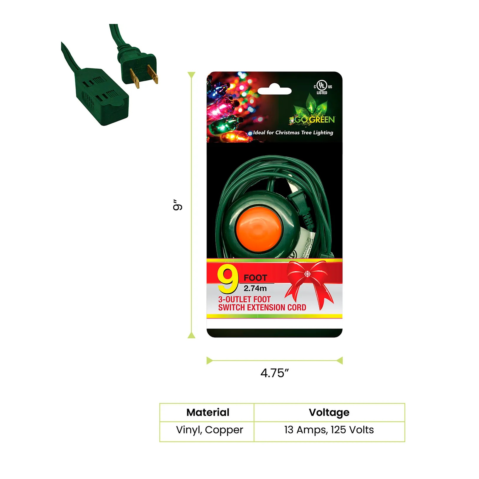 Green 9 ft. three-outlet extension cord with foot switch