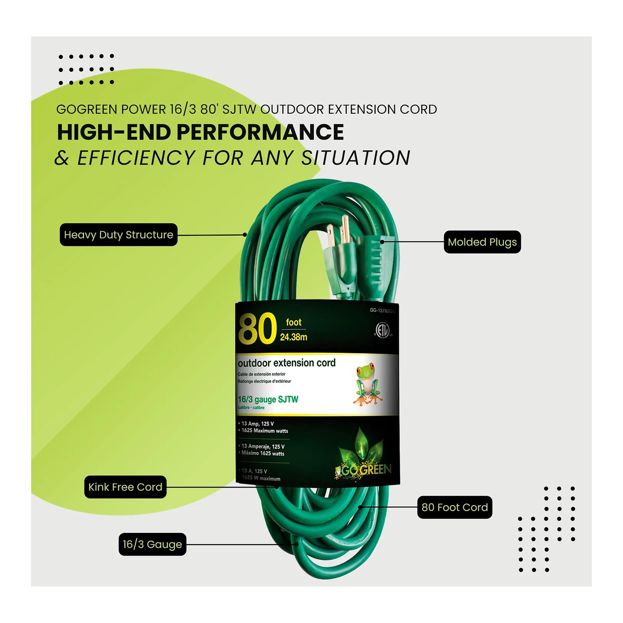 Green 80-foot 16/3 SJTW heavy-duty extension cord