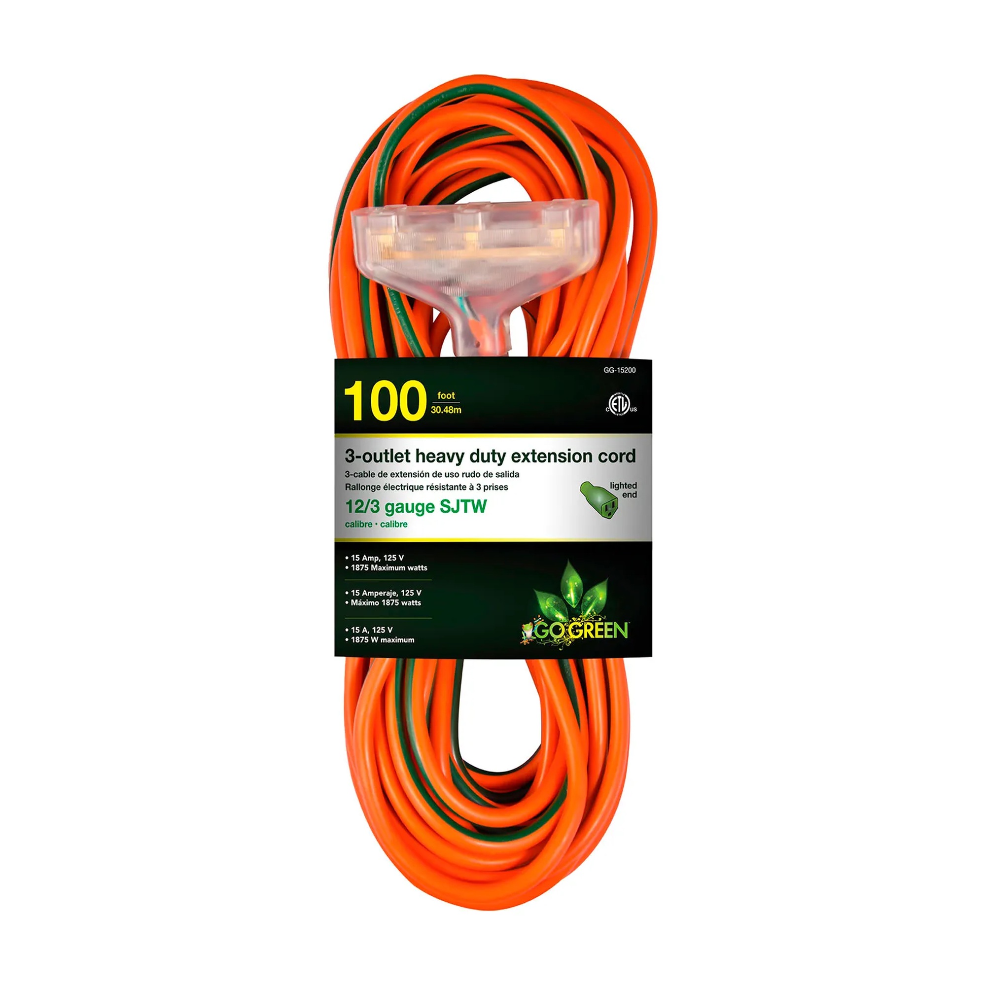 100 ft. 12/3 Heavy-Duty Extension Cord with 3 Outlets and Lighted End