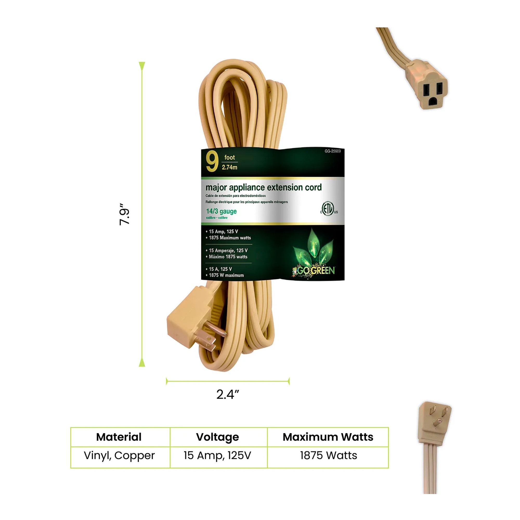 Tan 9-foot 14/3 SPT-3 appliance cord