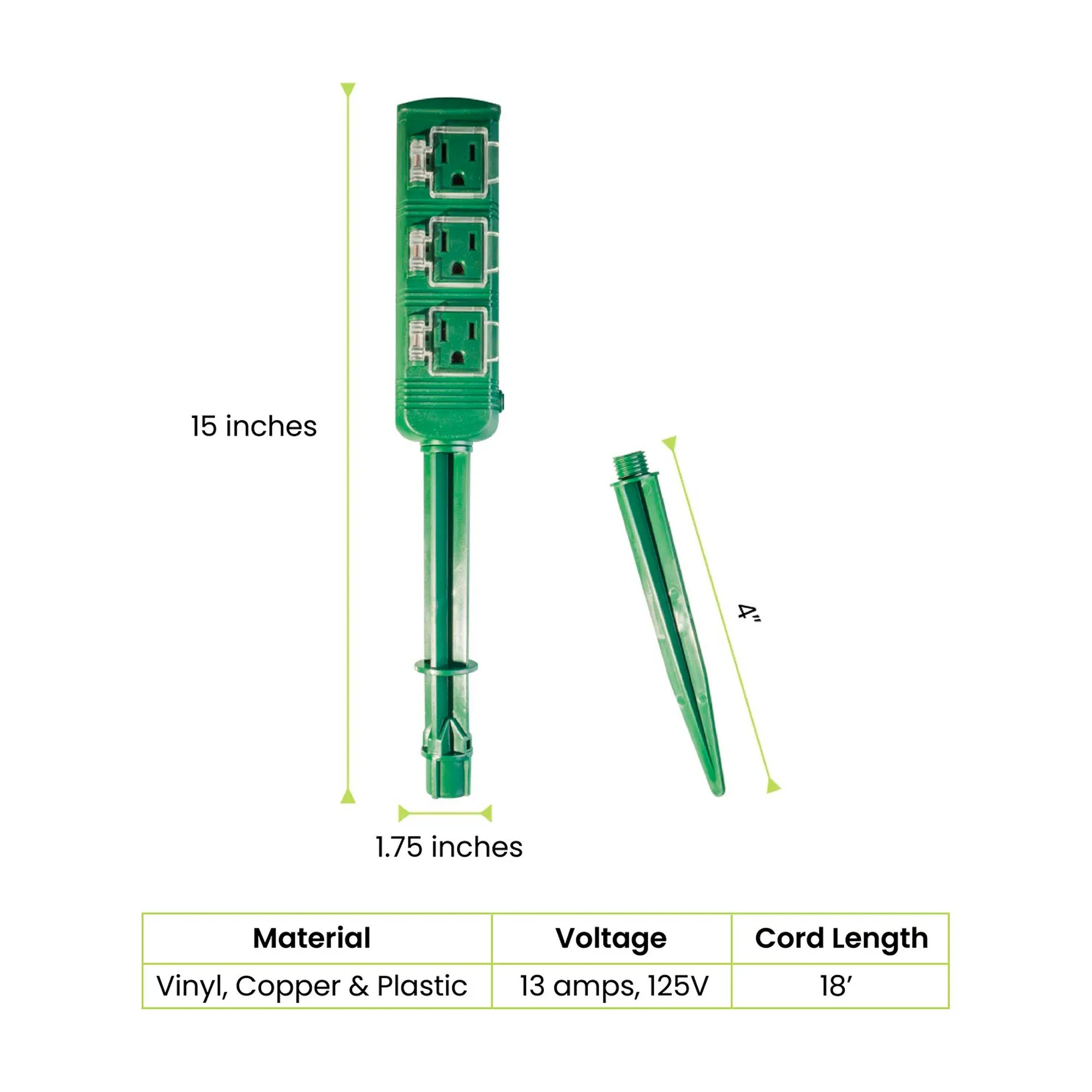 Green outdoor power stake with three outlets and an 18 ft. cord