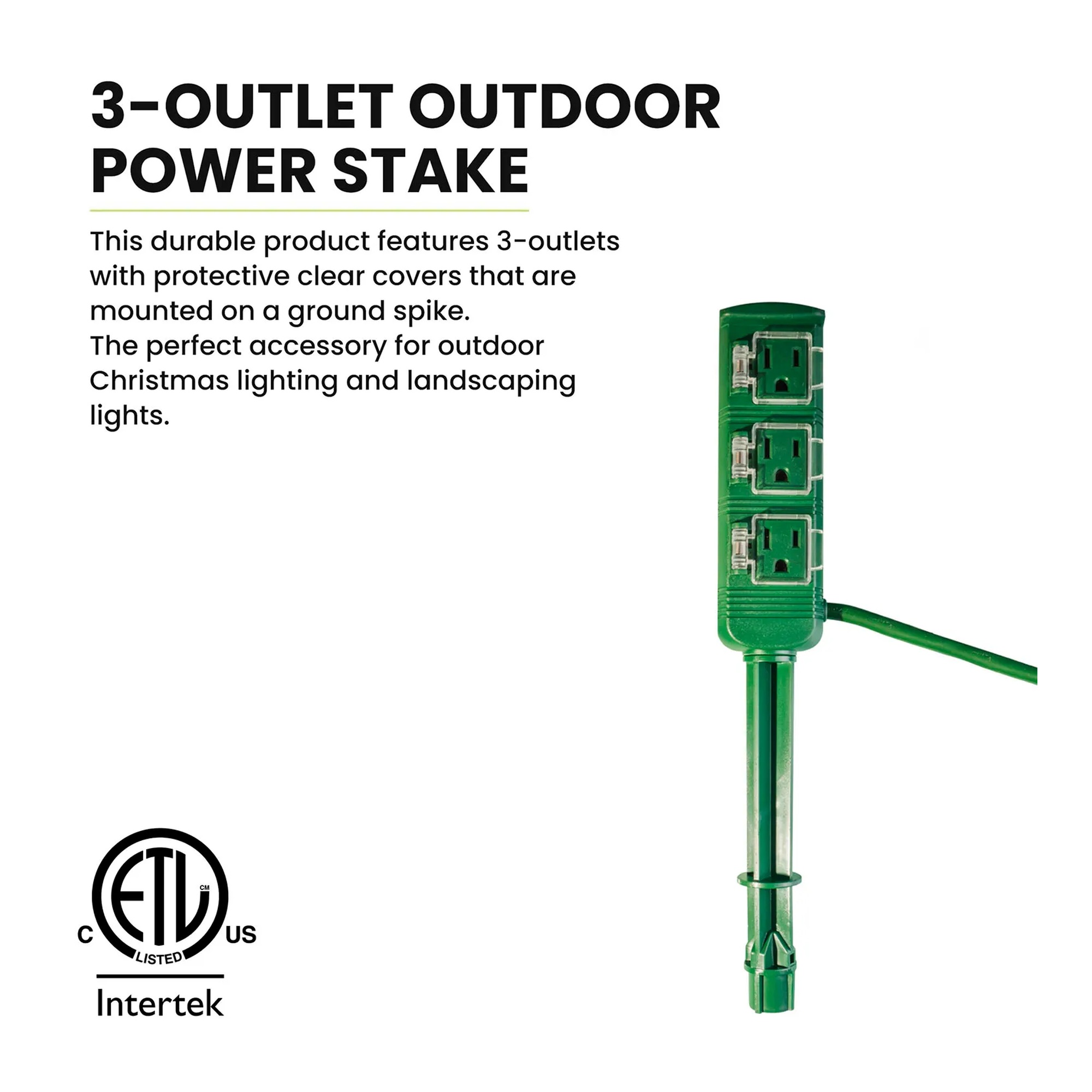 Green outdoor power stake with three outlets and an 18 ft. cord