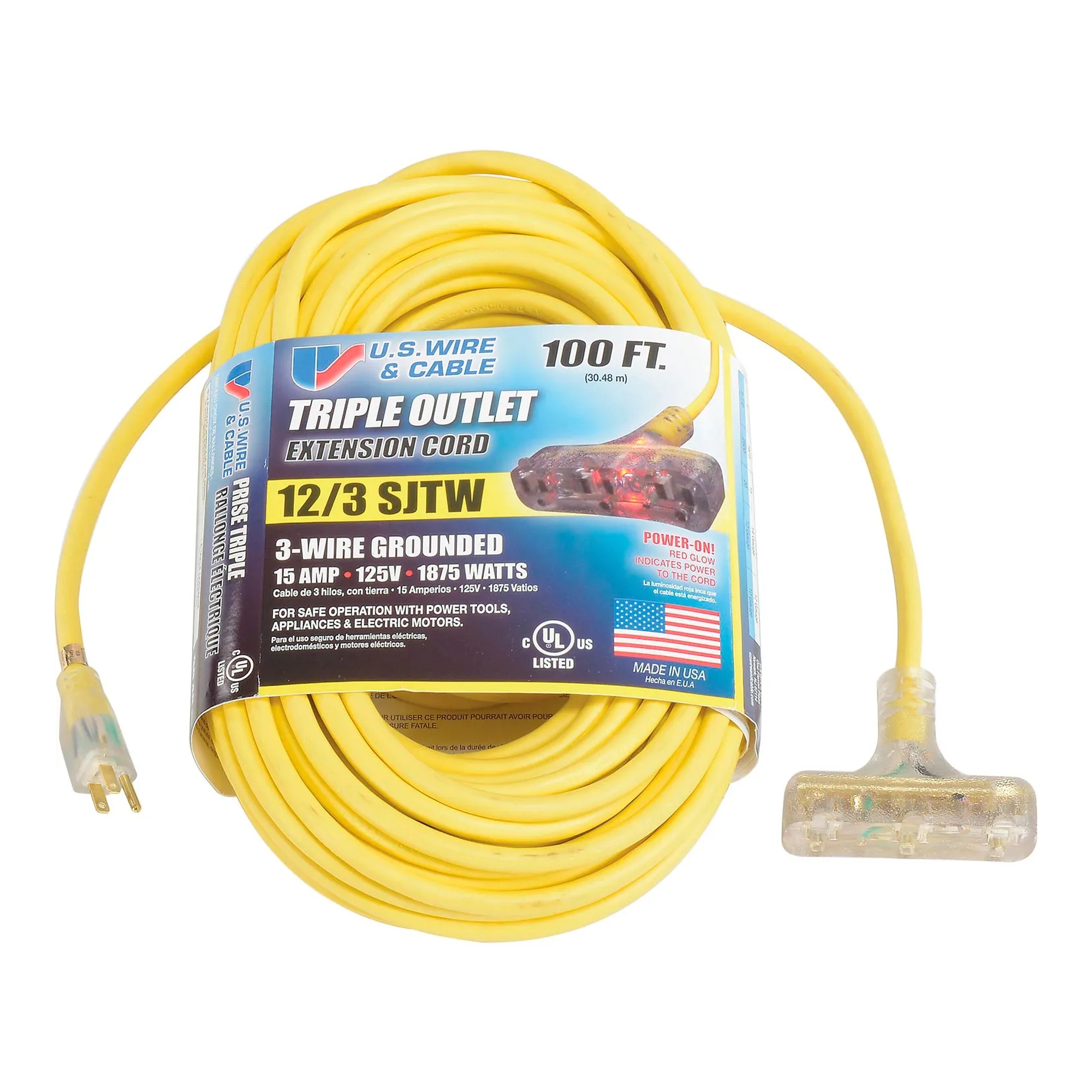 100-Foot Yellow Illuminated 12/3 Extension Cord with Three-Outlet End