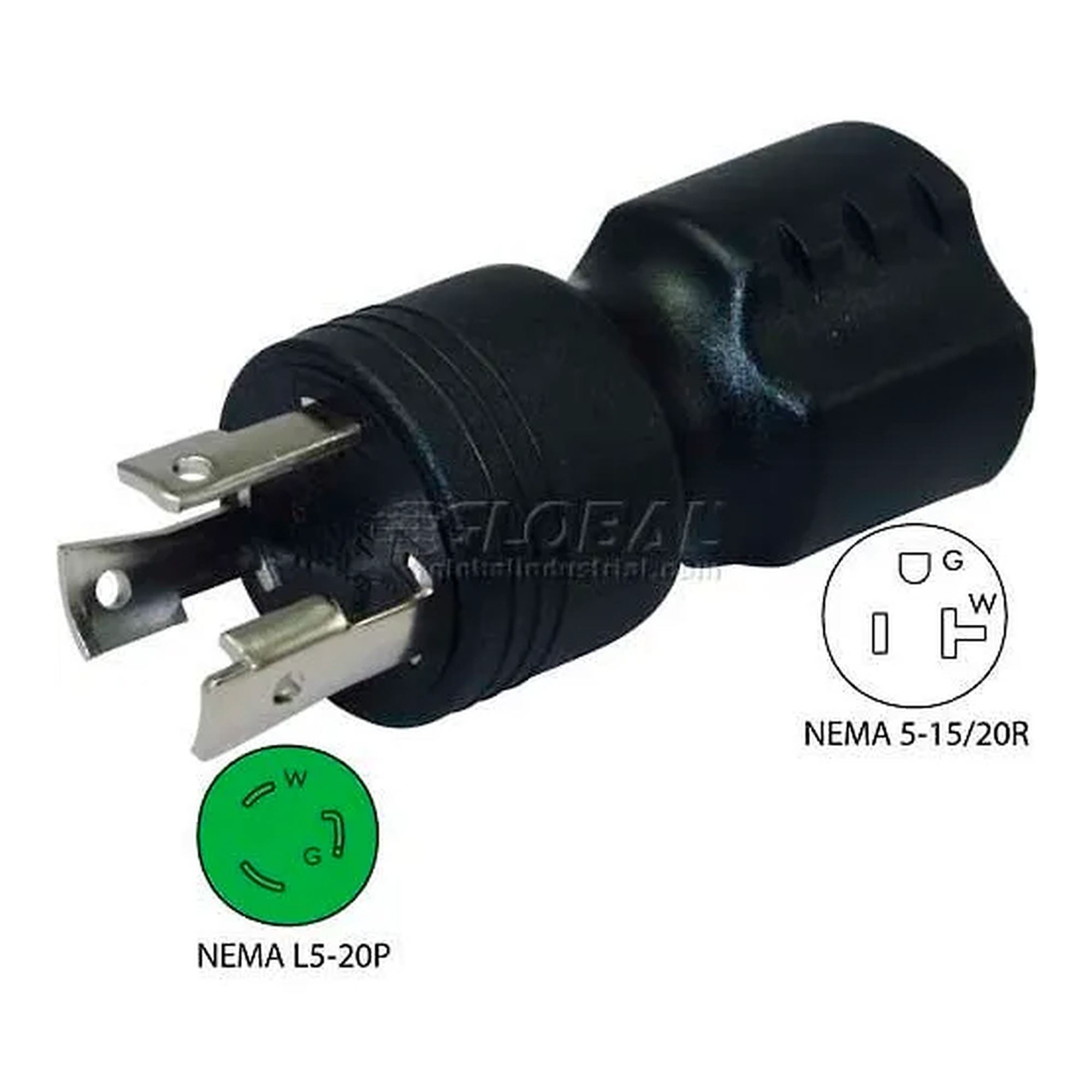 Black 20A generator locking plug adapter with NEMA L5-20P plug and 5-15/20R receptacle