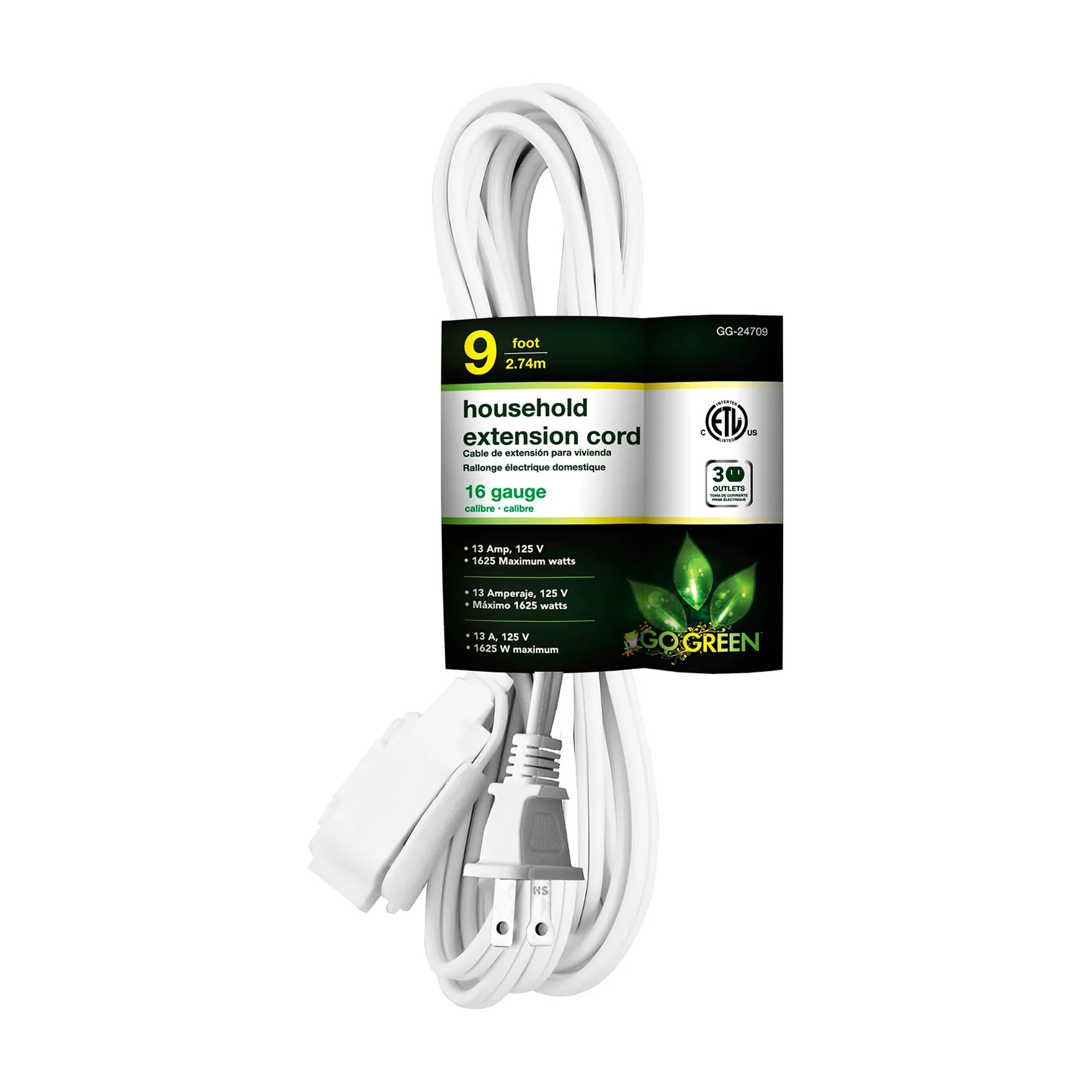 9-Ft. White Household Extension Cord, 10-Pack