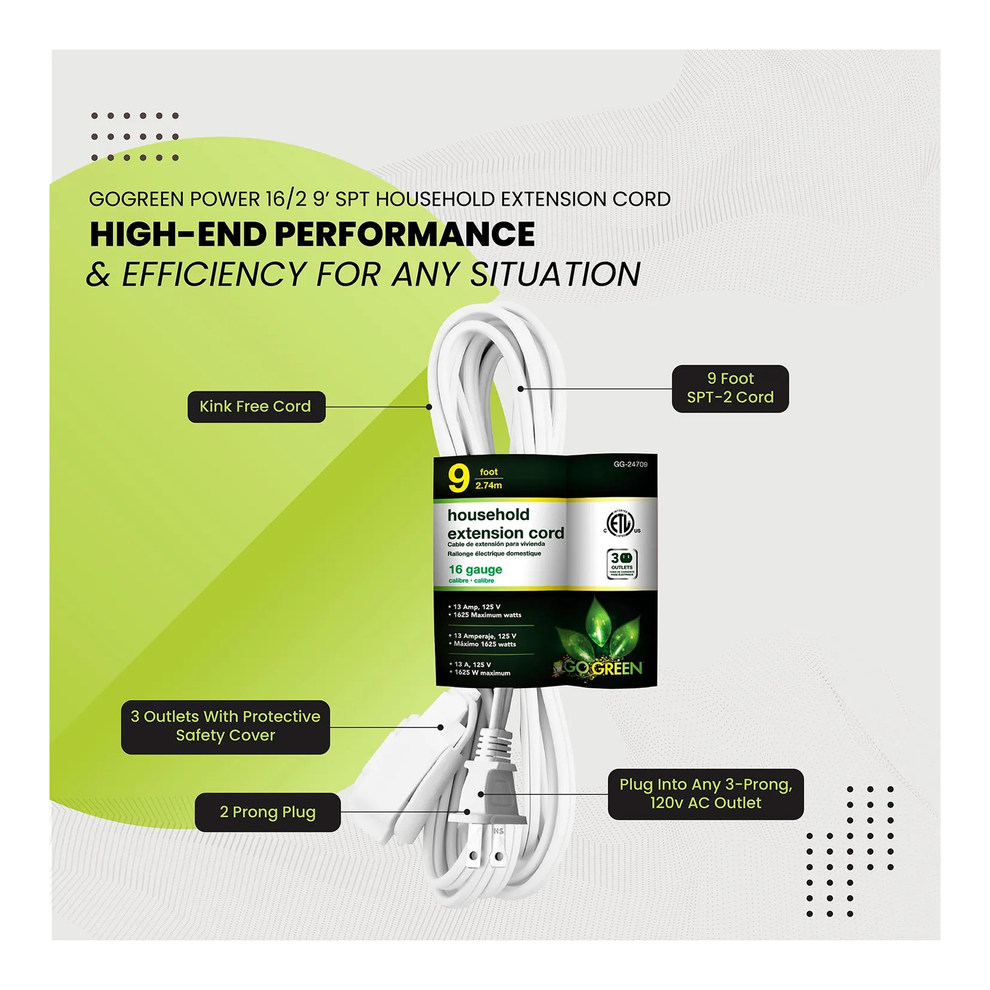White 9-foot household extension cord