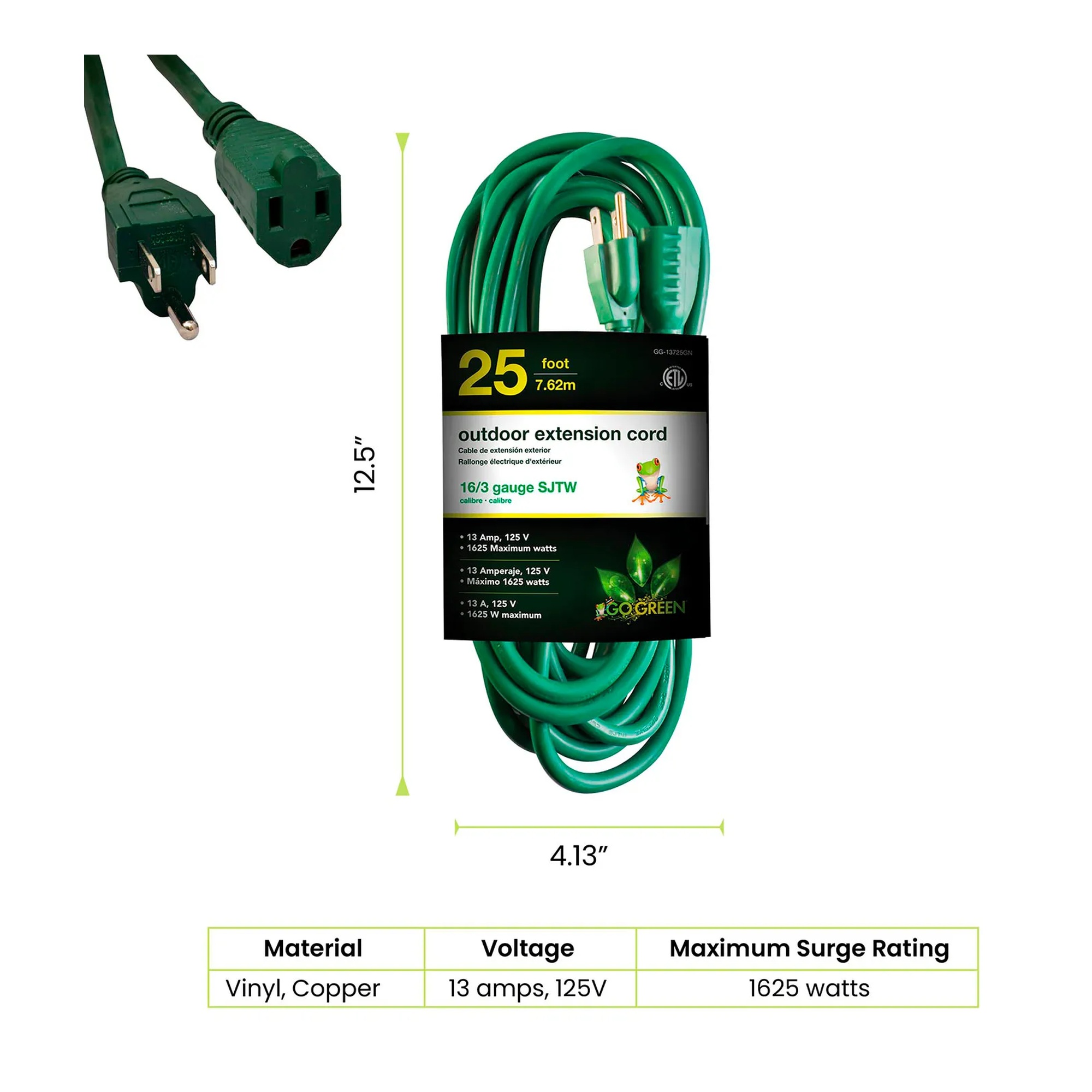 Green 25 ft 16/3 SJTW heavy-duty extension cord with molded plugs